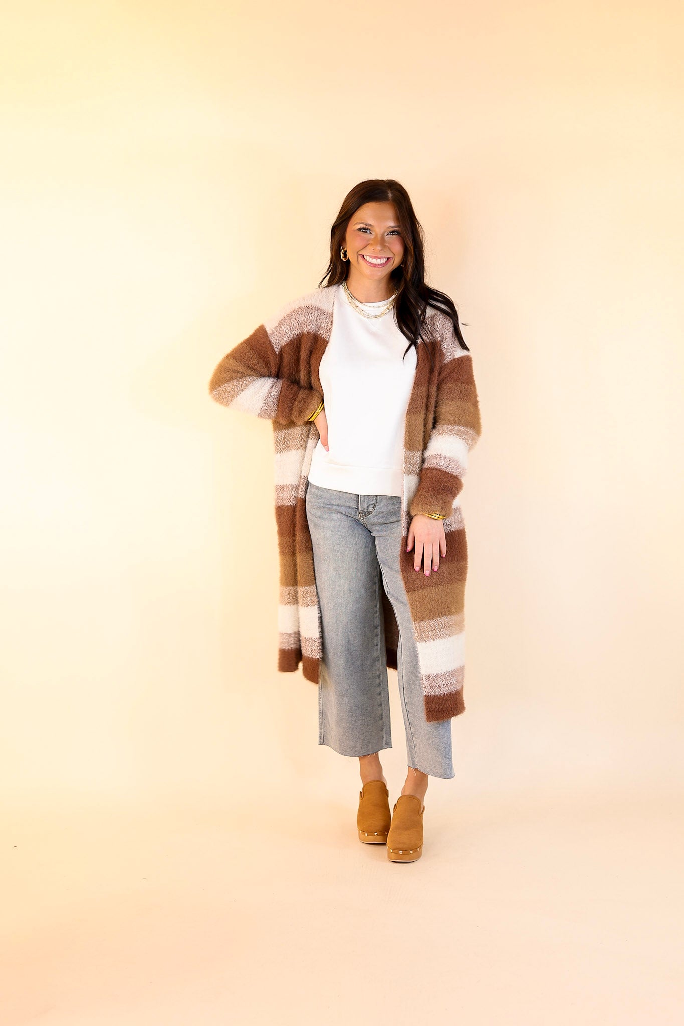 Lost in Layers Striped Eyelash Cardigan in Rust Mix