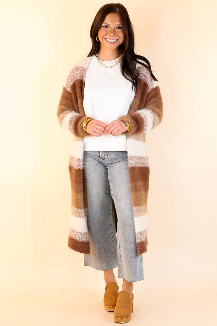 Lost in Layers Striped Eyelash Cardigan in Rust Mix