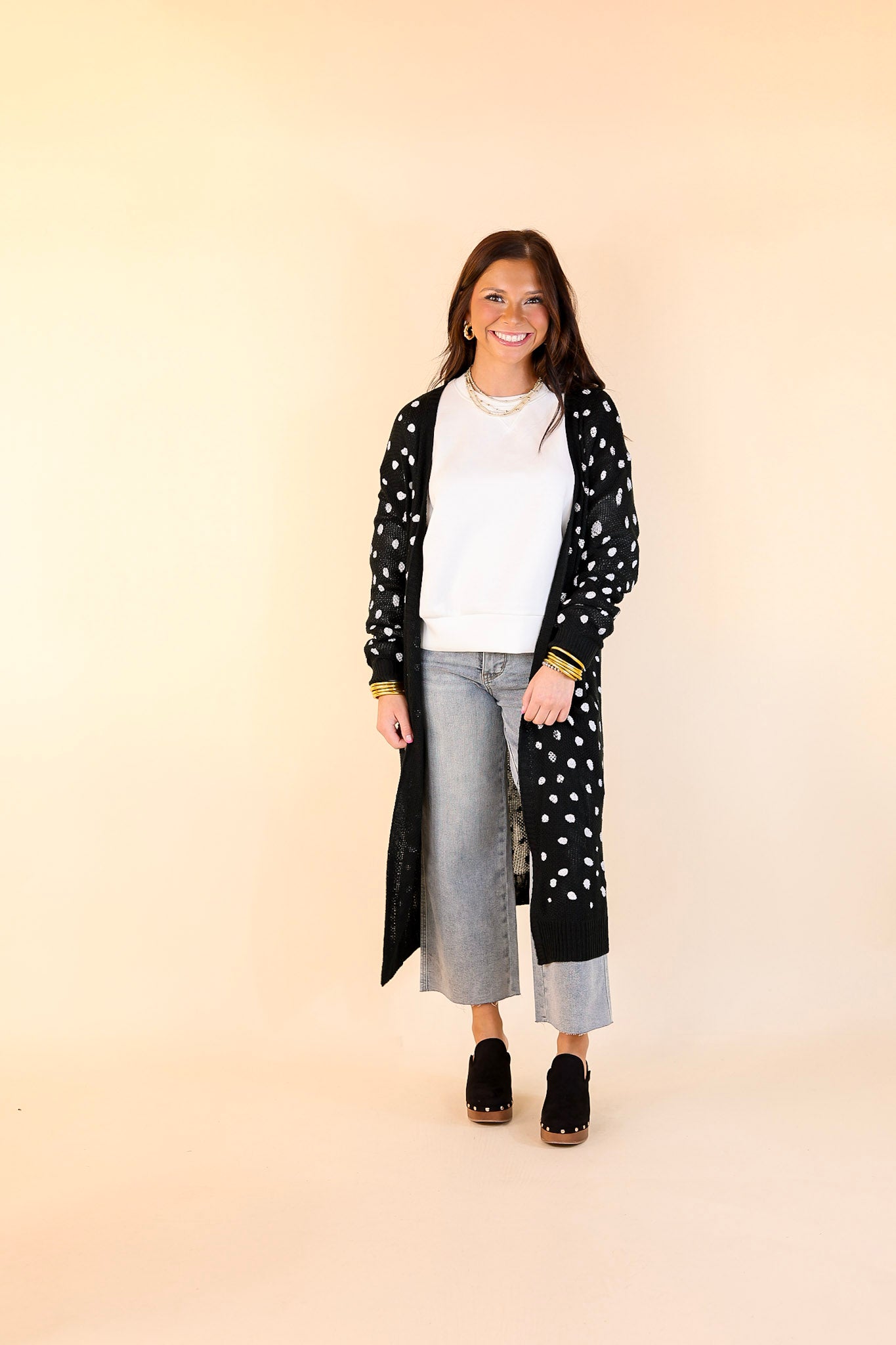 Boho Lifestyle Long Sleeve Polka Dot Duster Cardigan in Black