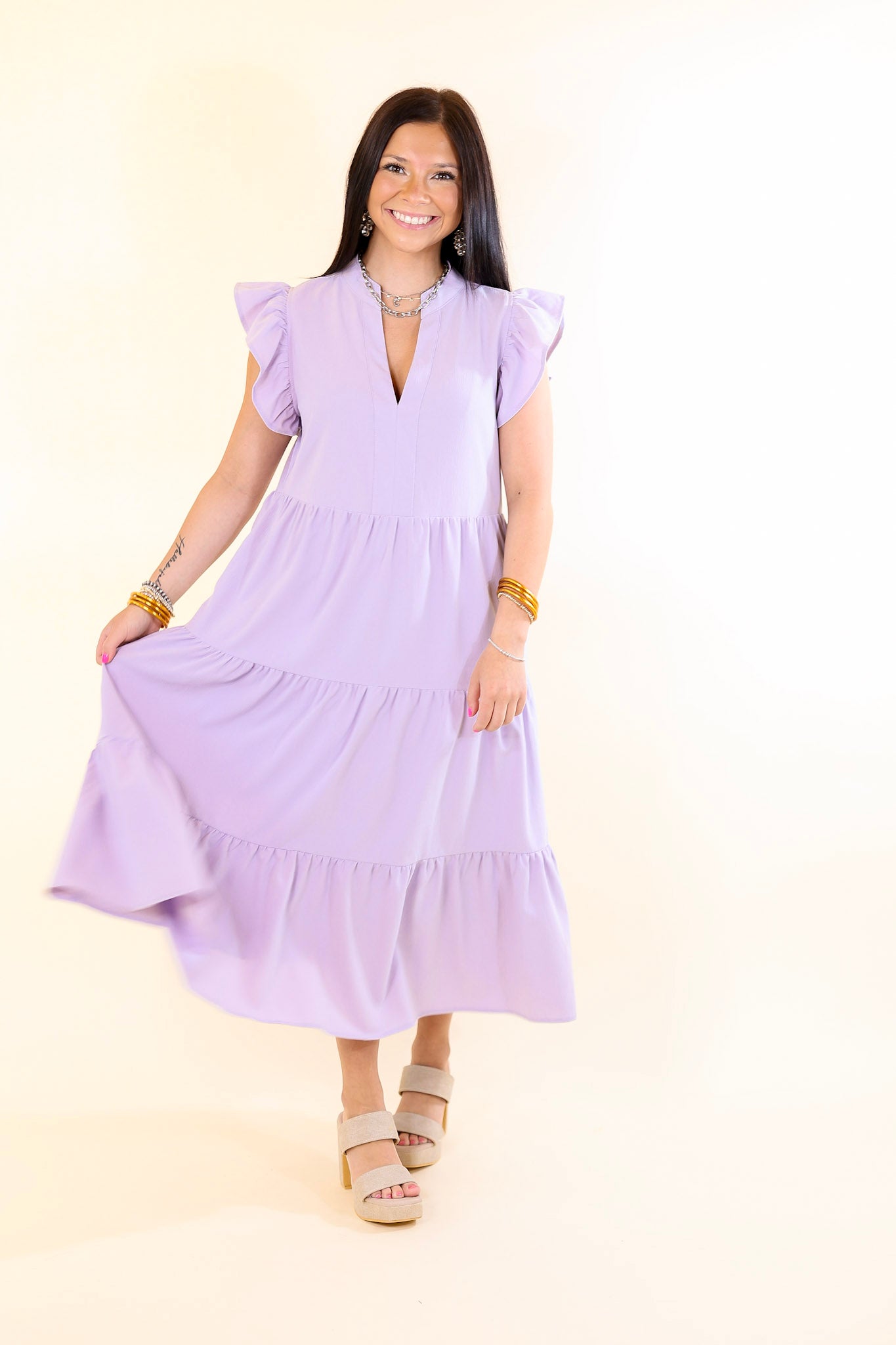 Magnolia Morning Ruffle Cap Sleeve Tiered Midi Dress in Lavender Purple