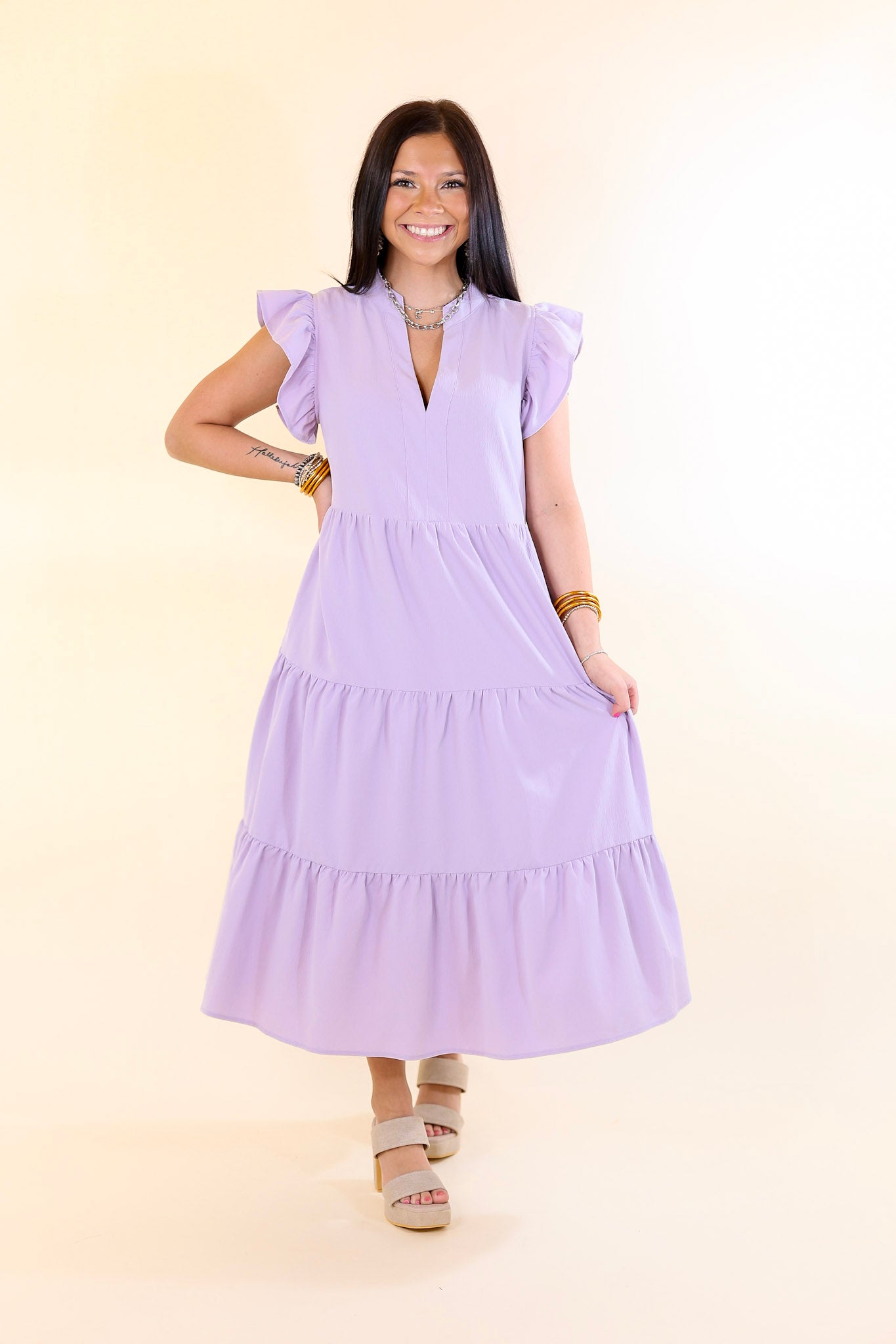 Magnolia Morning Ruffle Cap Sleeve Tiered Midi Dress in Lavender Purple