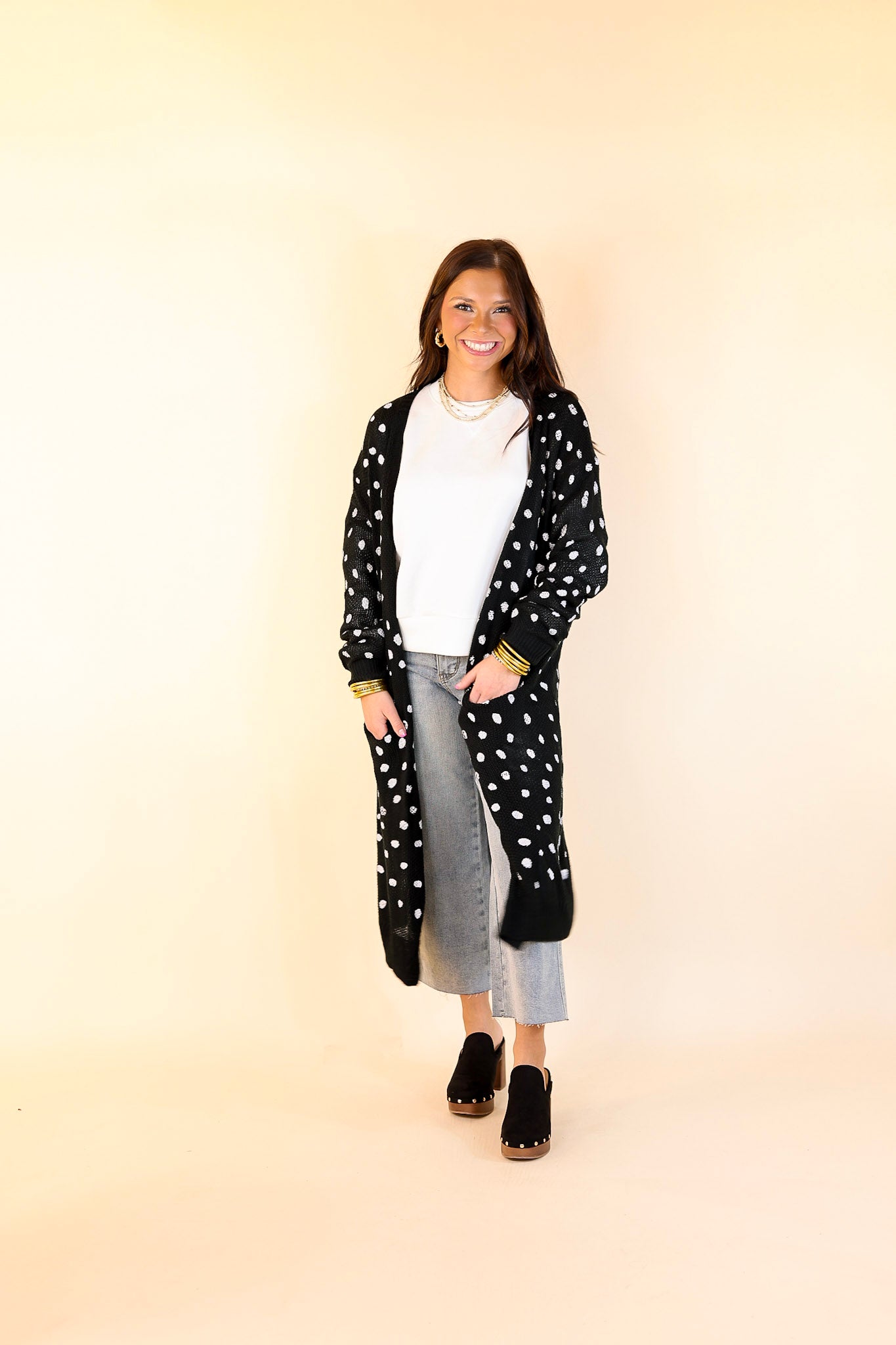 Boho Lifestyle Long Sleeve Polka Dot Duster Cardigan in Black