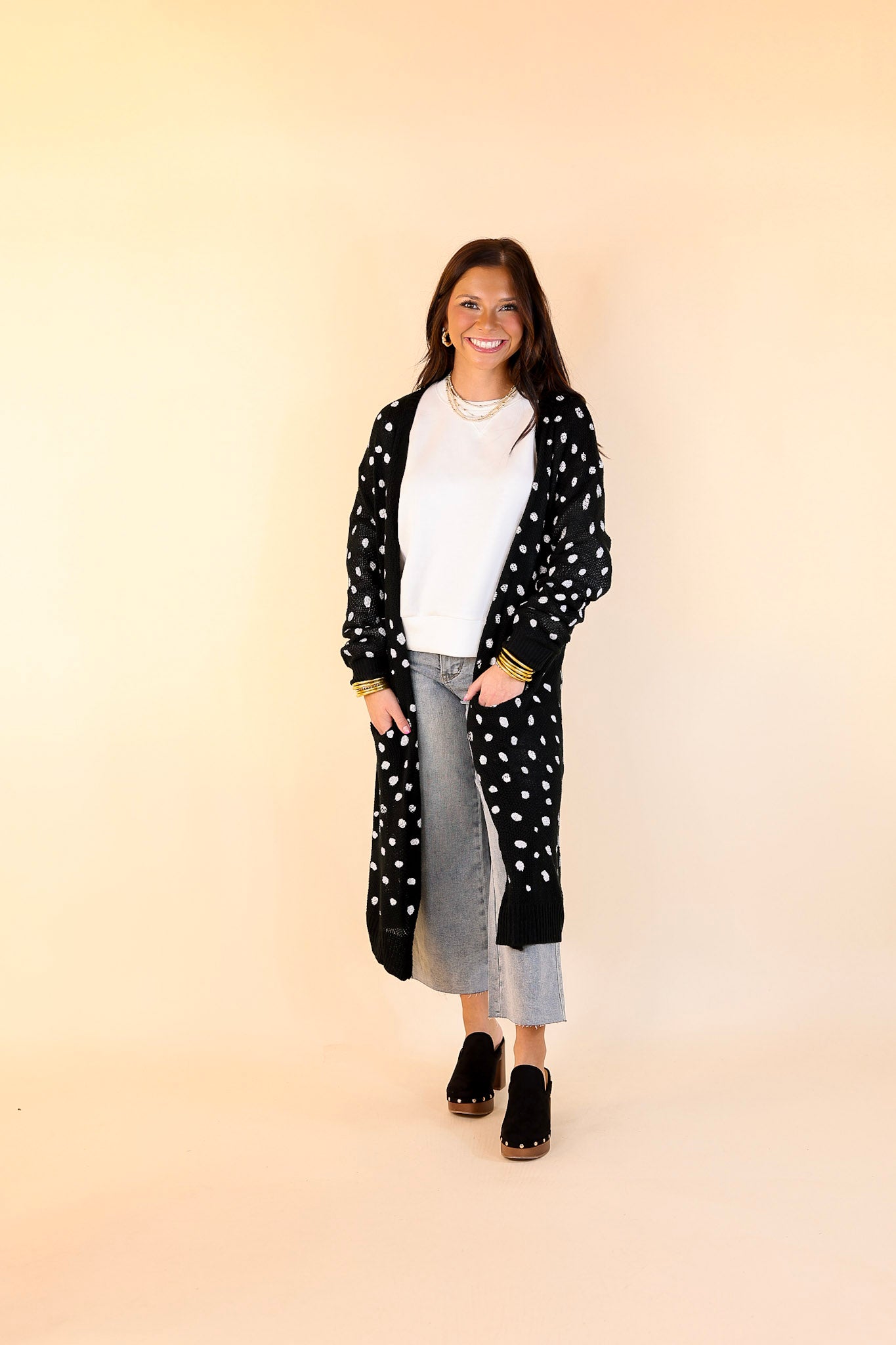 Boho Lifestyle Long Sleeve Polka Dot Duster Cardigan in Black