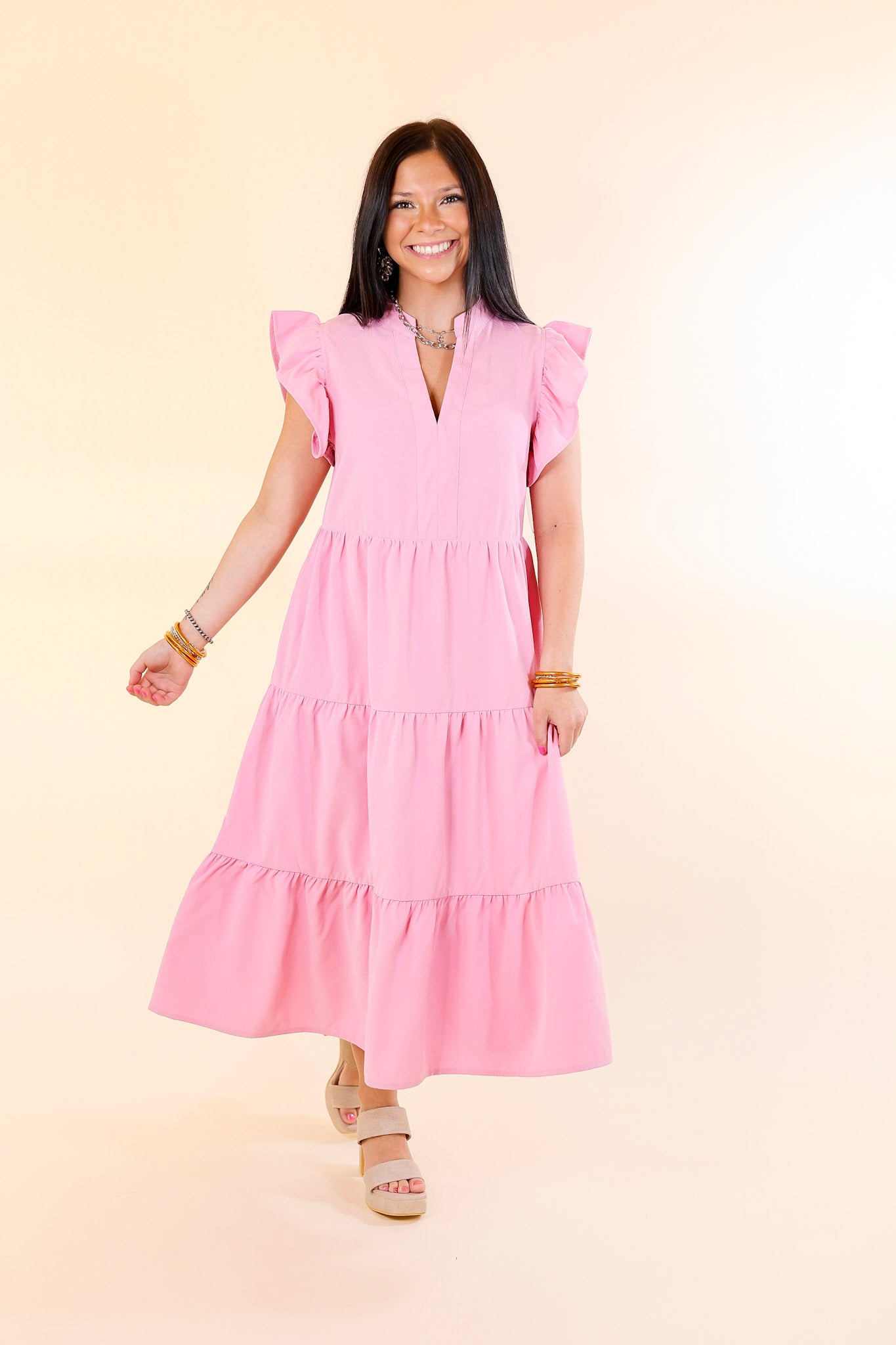 Magnolia Morning Ruffle Cap Sleeve Tiered Midi Dress in Pink