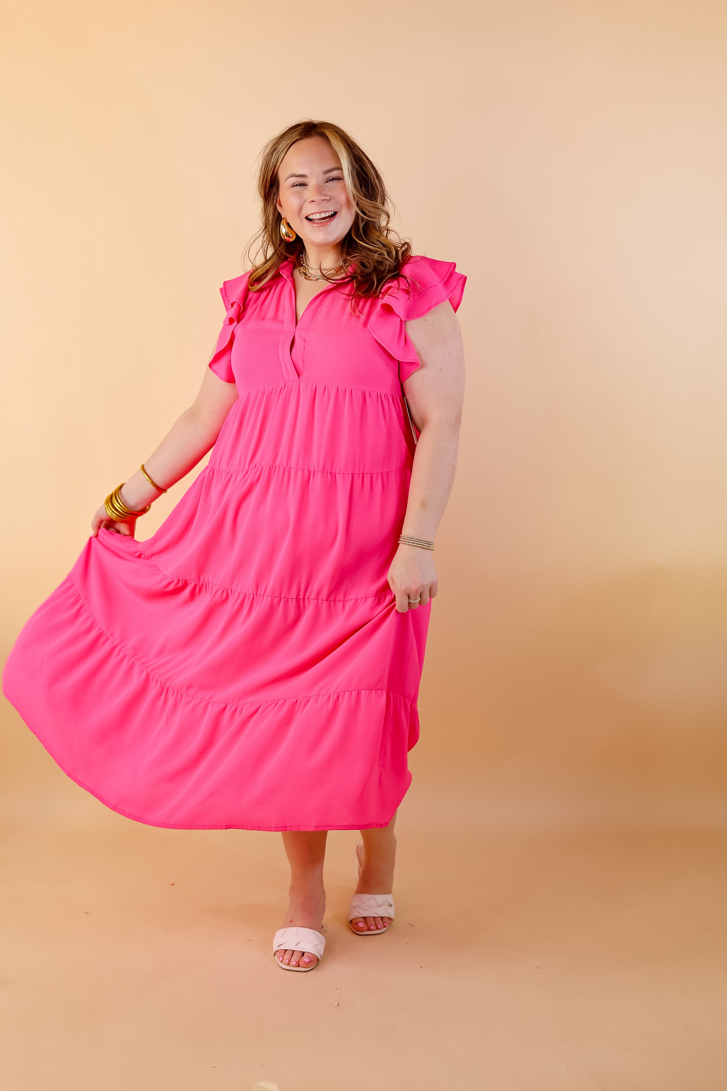 All Of A Sudden Tiered Midi Dress with Ruffle Cap Sleeves in Hot Pink - Giddy Up Glamour Boutique