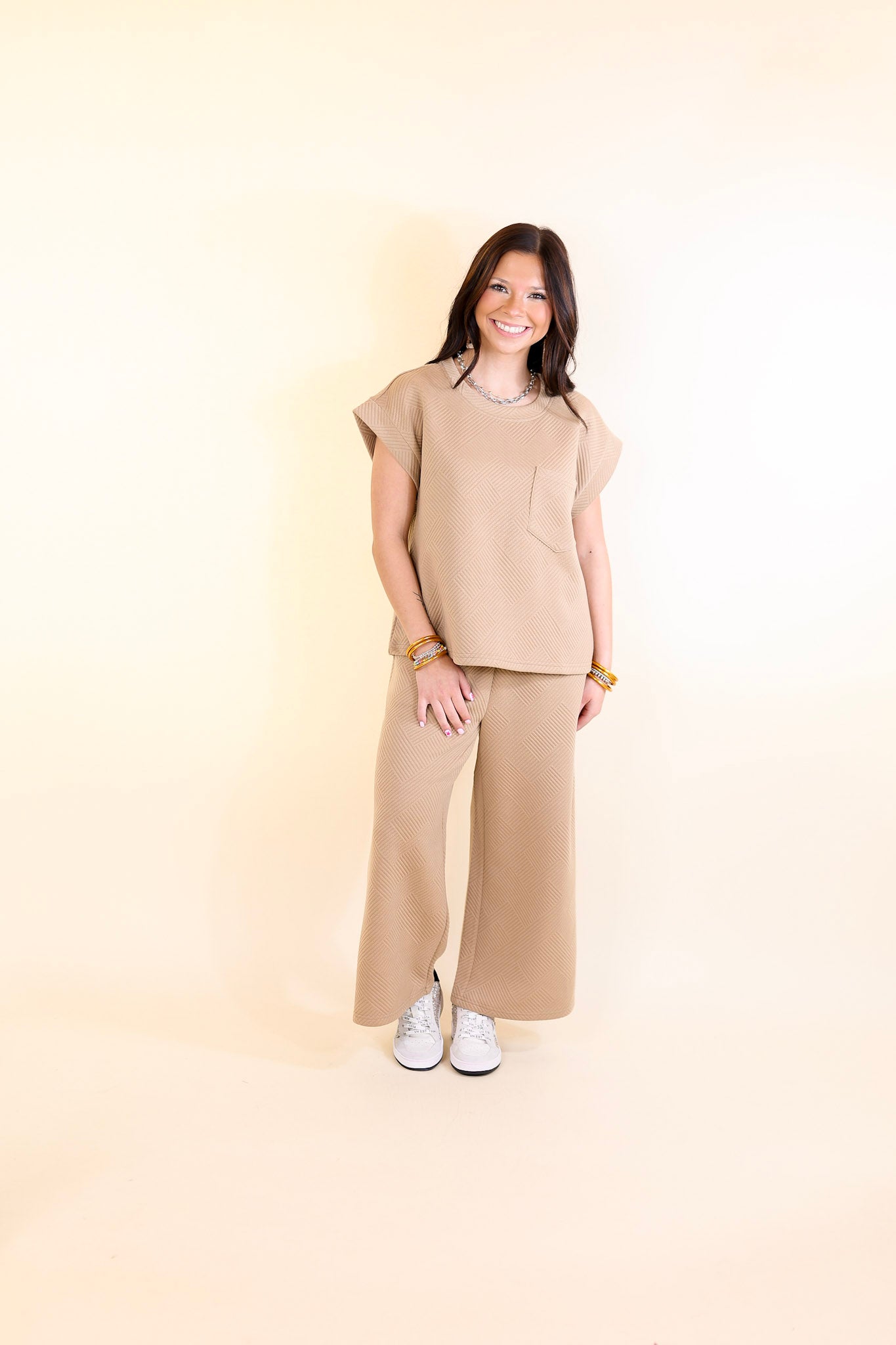 Glamour on the Go Textured Top with Pocket in Tan