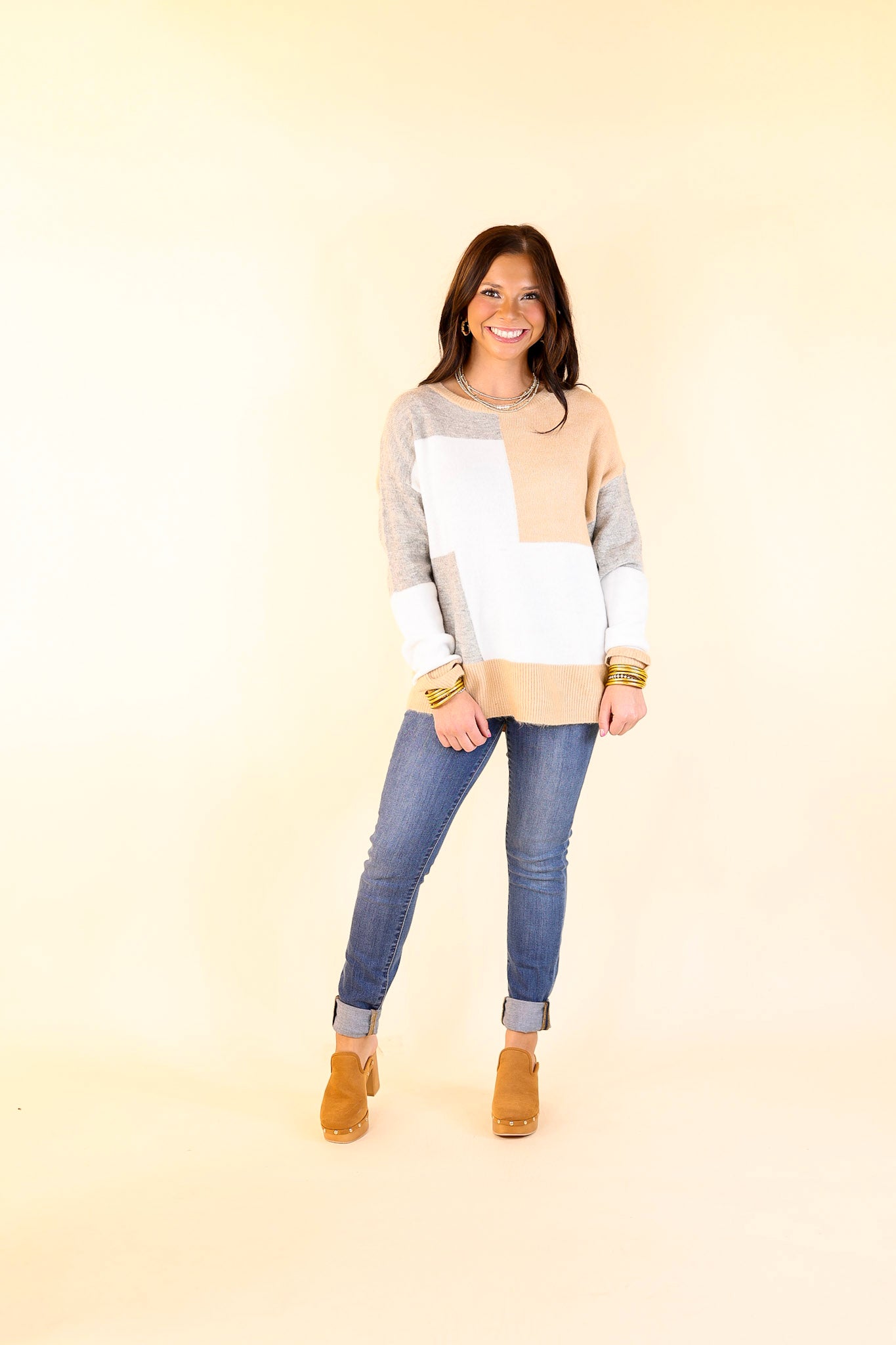 Frozen Lake Color Block Sweater in Ivory, Tan, and Grey