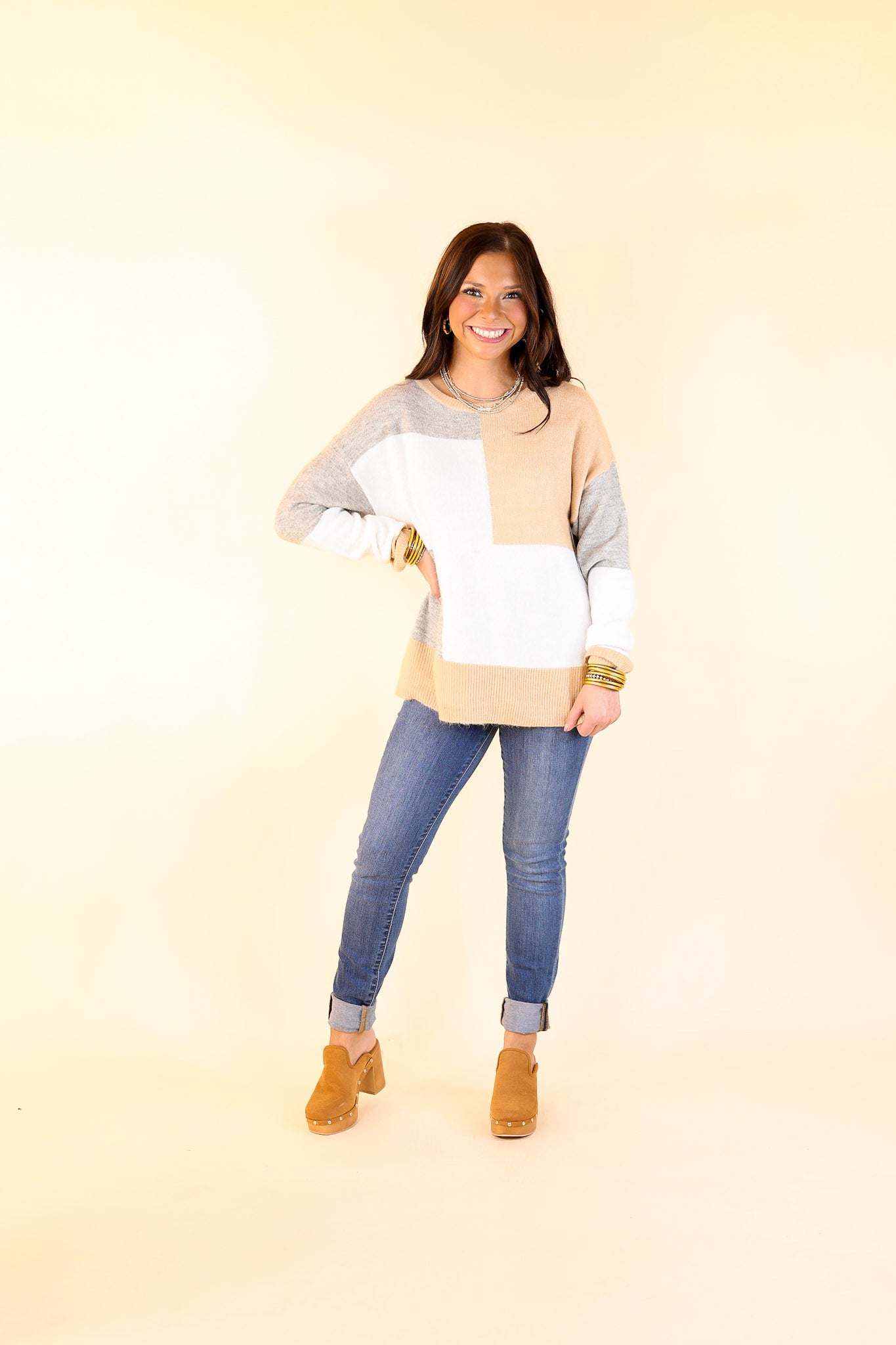 Frozen Lake Color Block Sweater in Ivory, Tan, and Grey