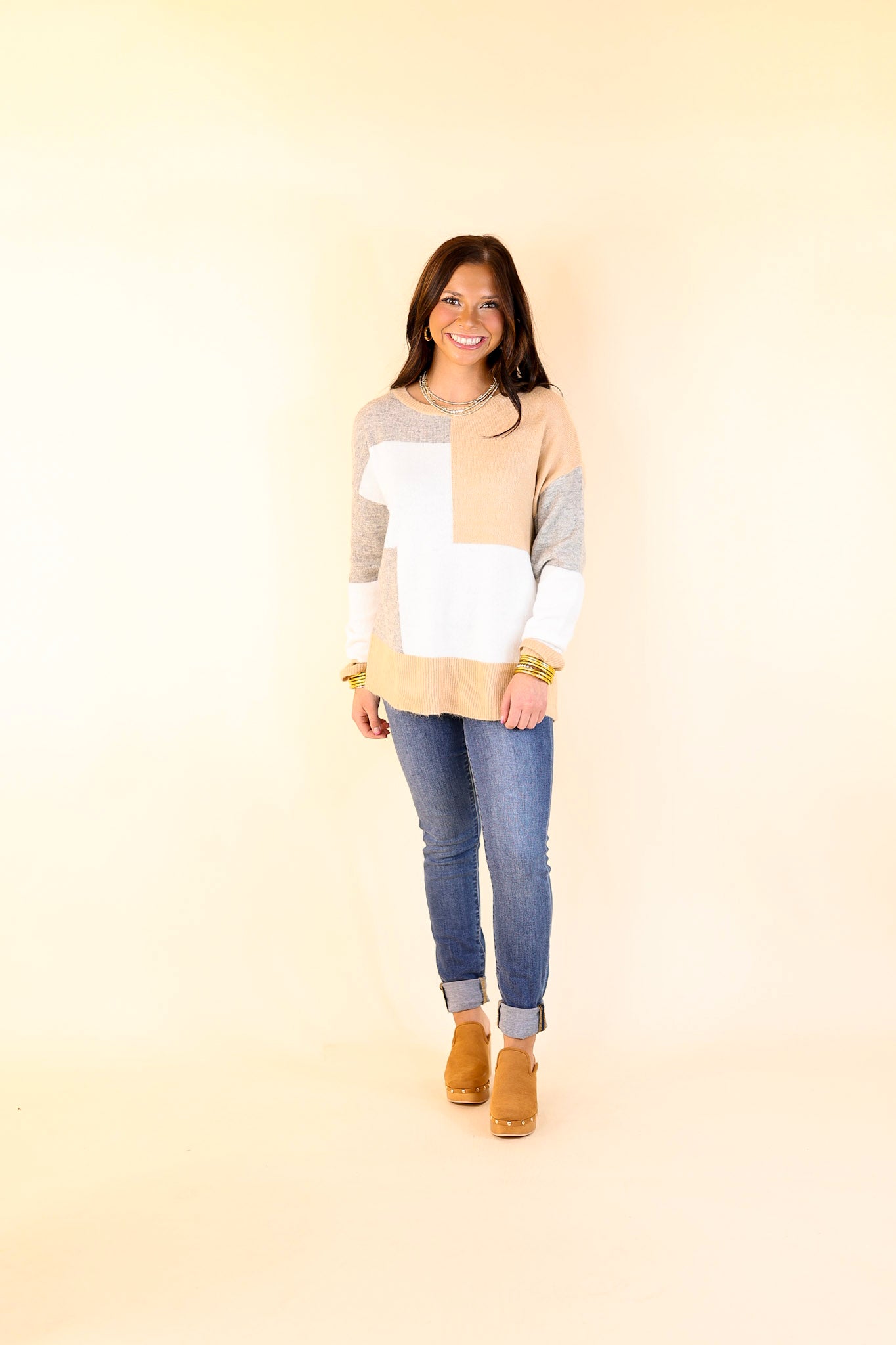 Frozen Lake Color Block Sweater in Ivory, Tan, and Grey