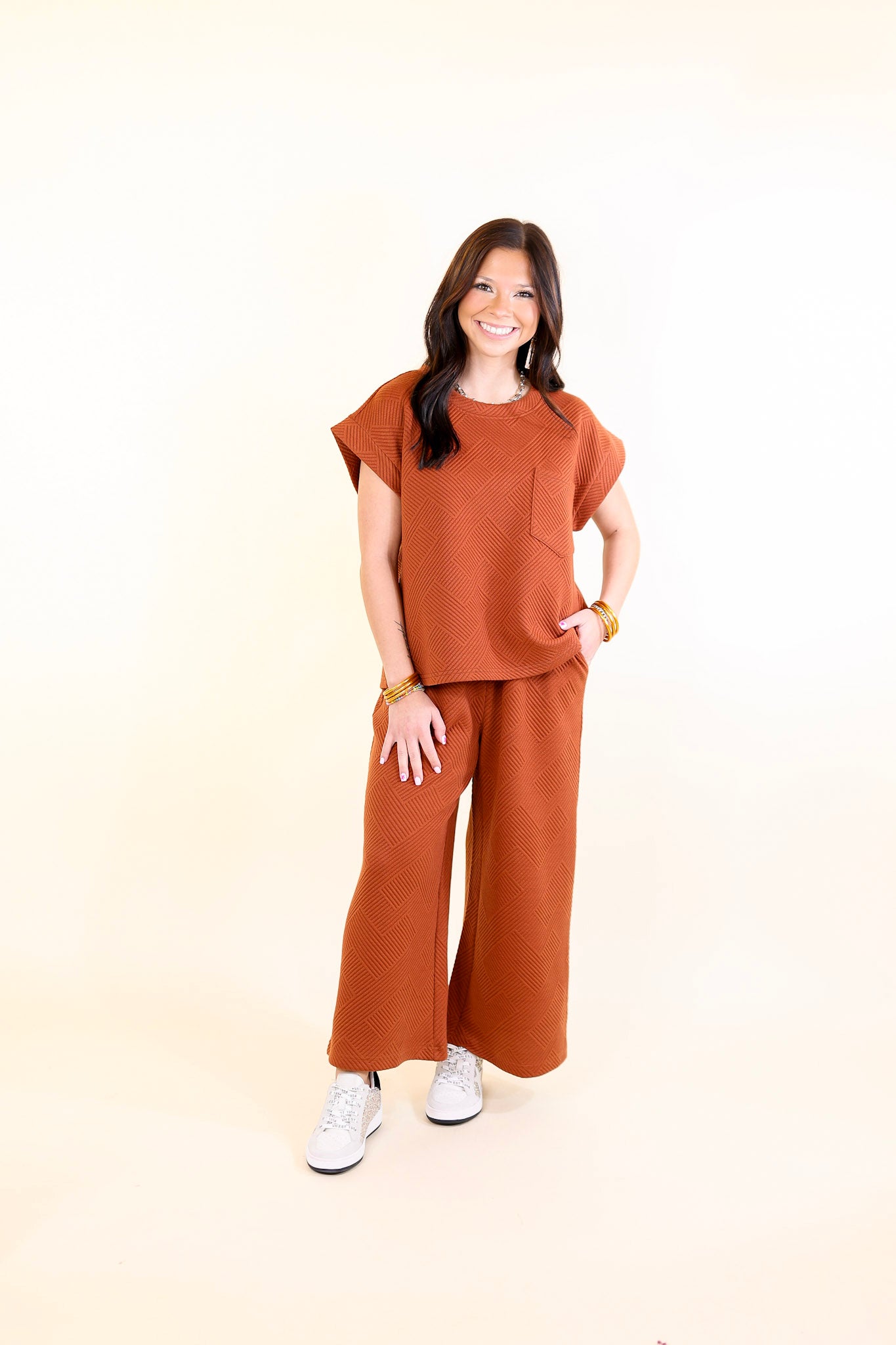 Glamour on the Go Textured Wide Leg Pant in Rust Orange