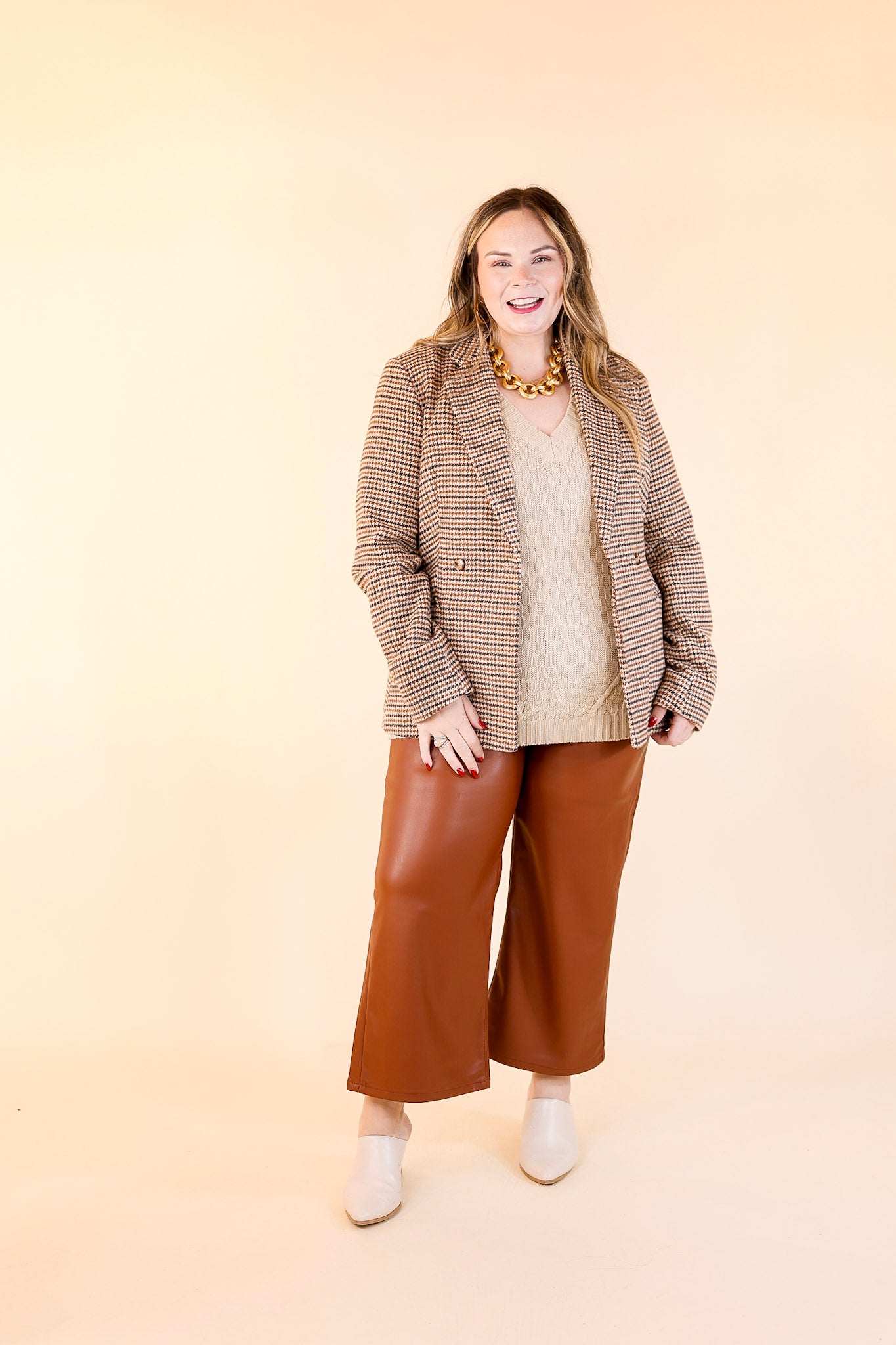 Downtown Holiday Houndstooth Double Button Blazer in Beige Mix