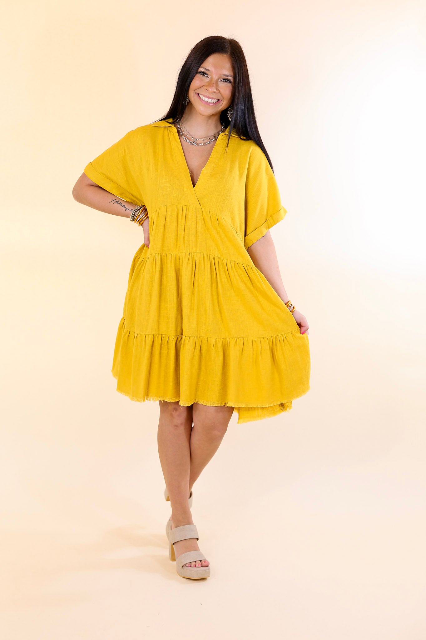 Taos Transitions Ruffle Tiered Collared Dress with Frayed Hem in Yellow