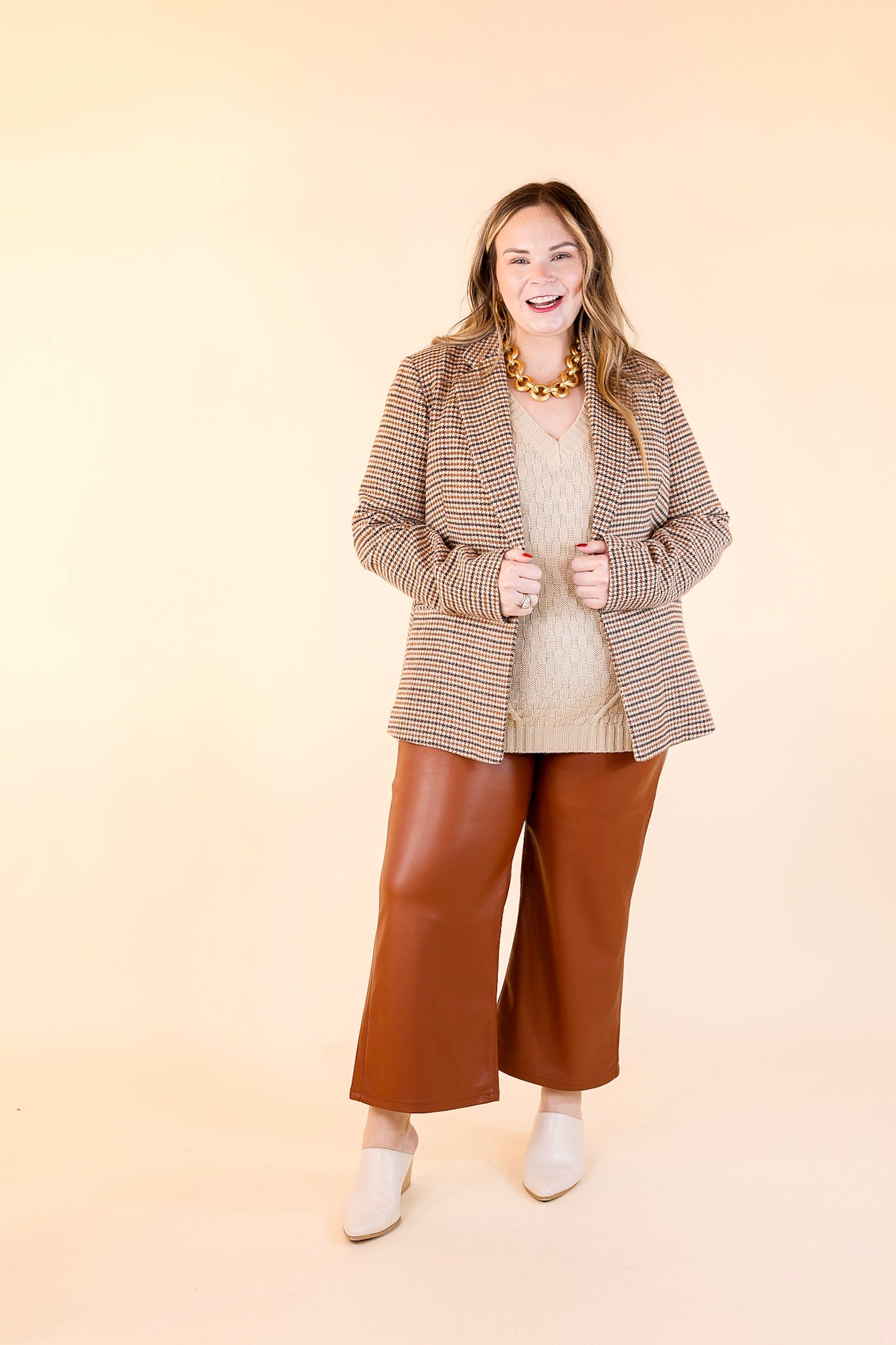 Downtown Holiday Houndstooth Double Button Blazer in Beige Mix