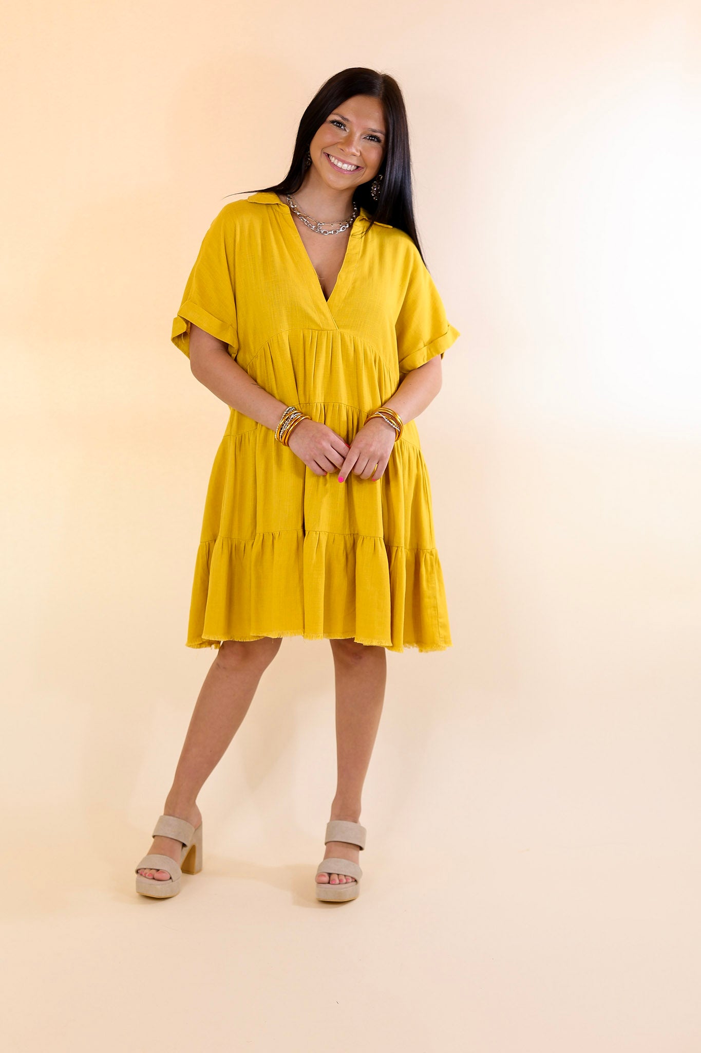 Taos Transitions Ruffle Tiered Collared Dress with Frayed Hem in Yellow