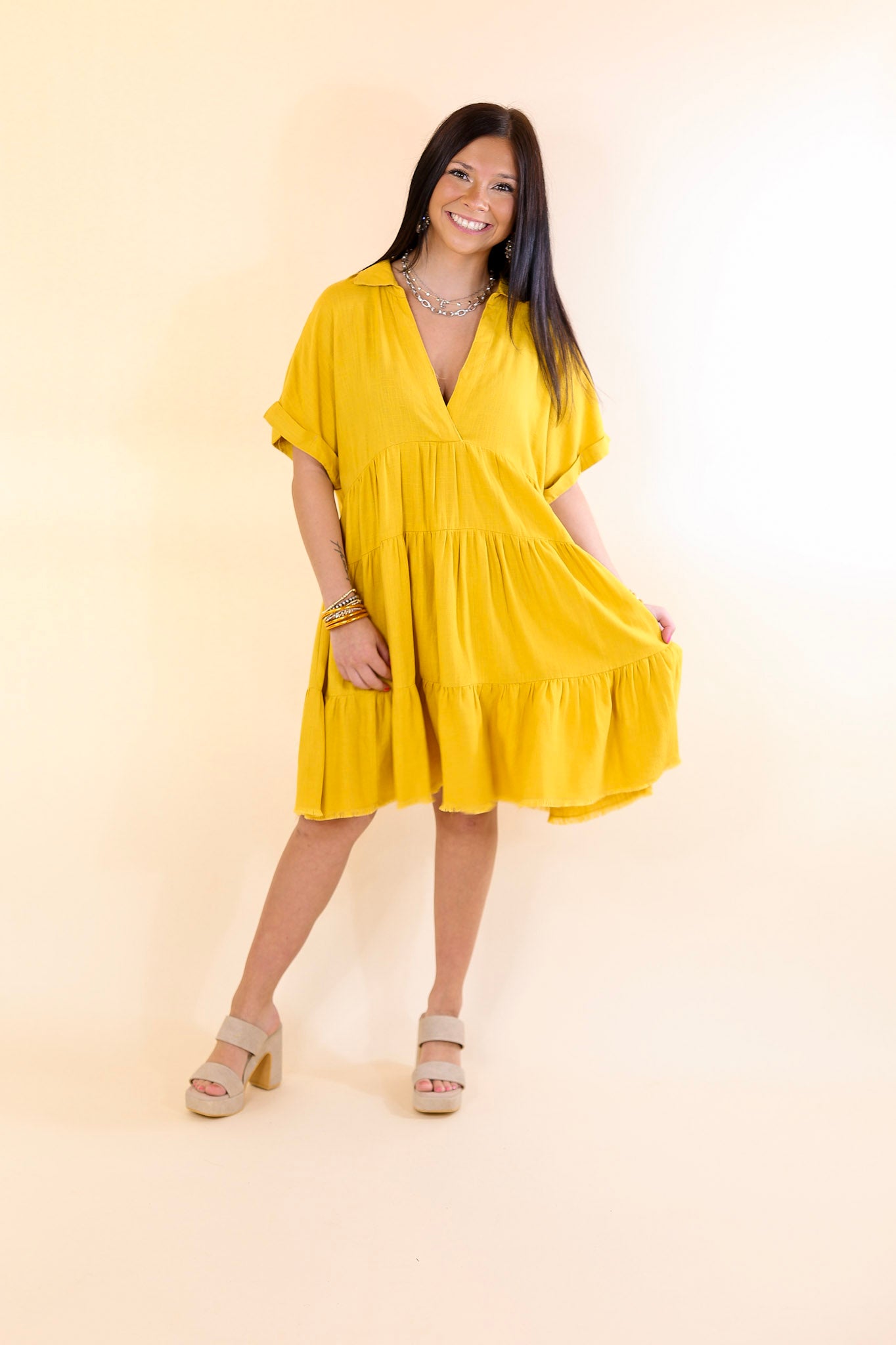 Taos Transitions Ruffle Tiered Collared Dress with Frayed Hem in Yellow