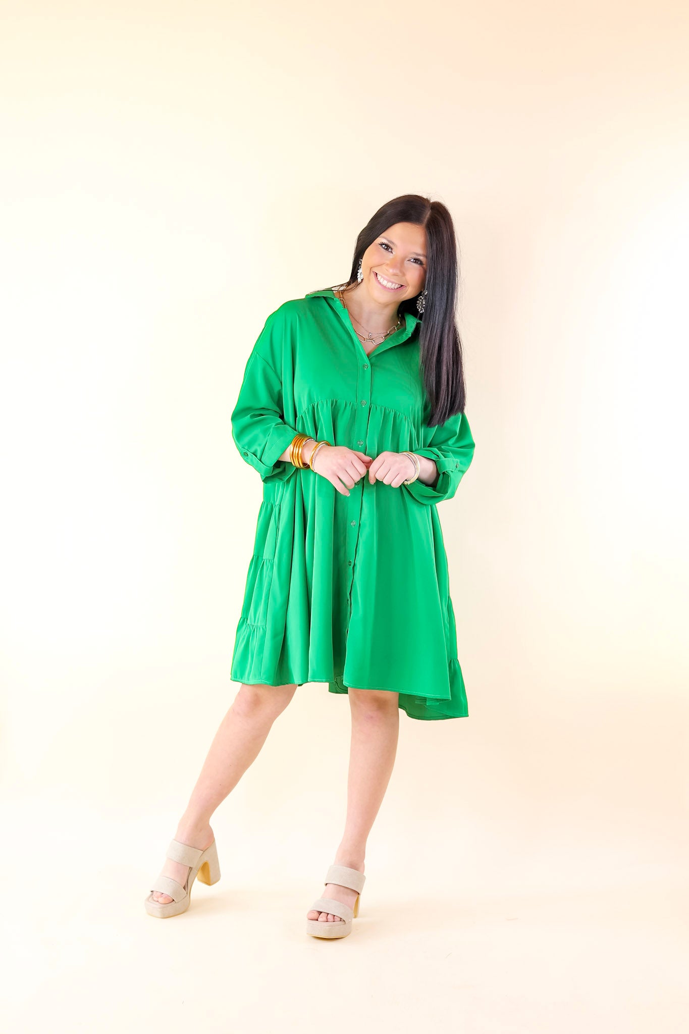 Risky Business Button Up Babydoll Dress in Green - Giddy Up Glamour Boutique