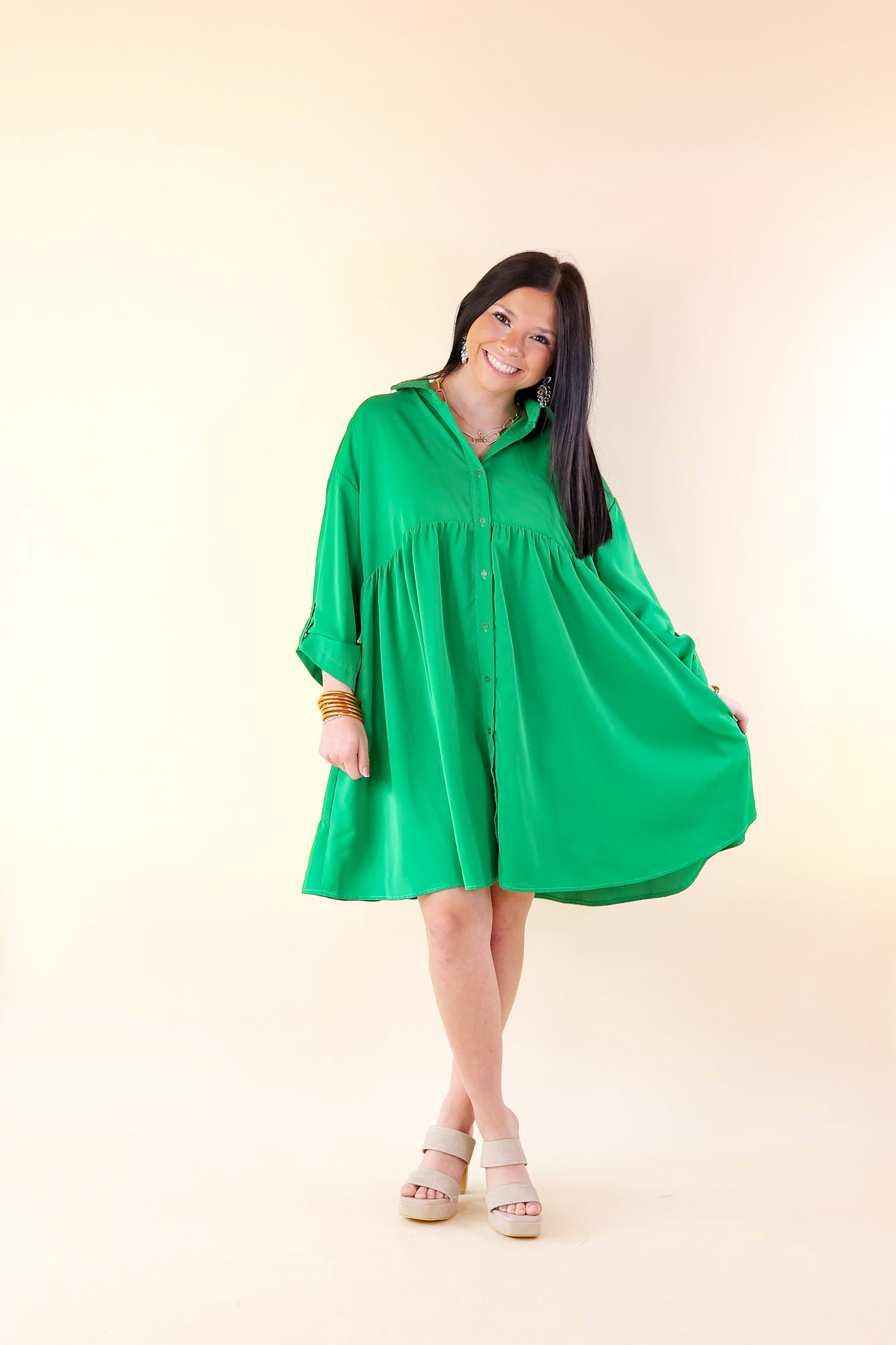 Risky Business Button Up Babydoll Dress in Green - Giddy Up Glamour Boutique