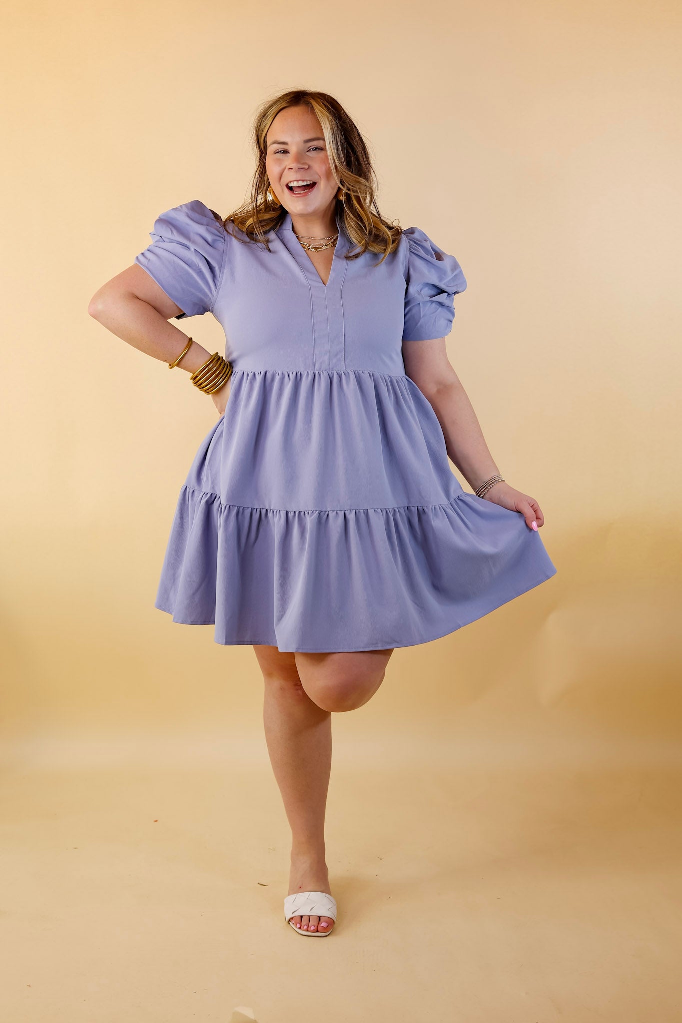 Call Me Chic Balloon Sleeve Short Dress in Chambray Blue - Giddy Up Glamour Boutique
