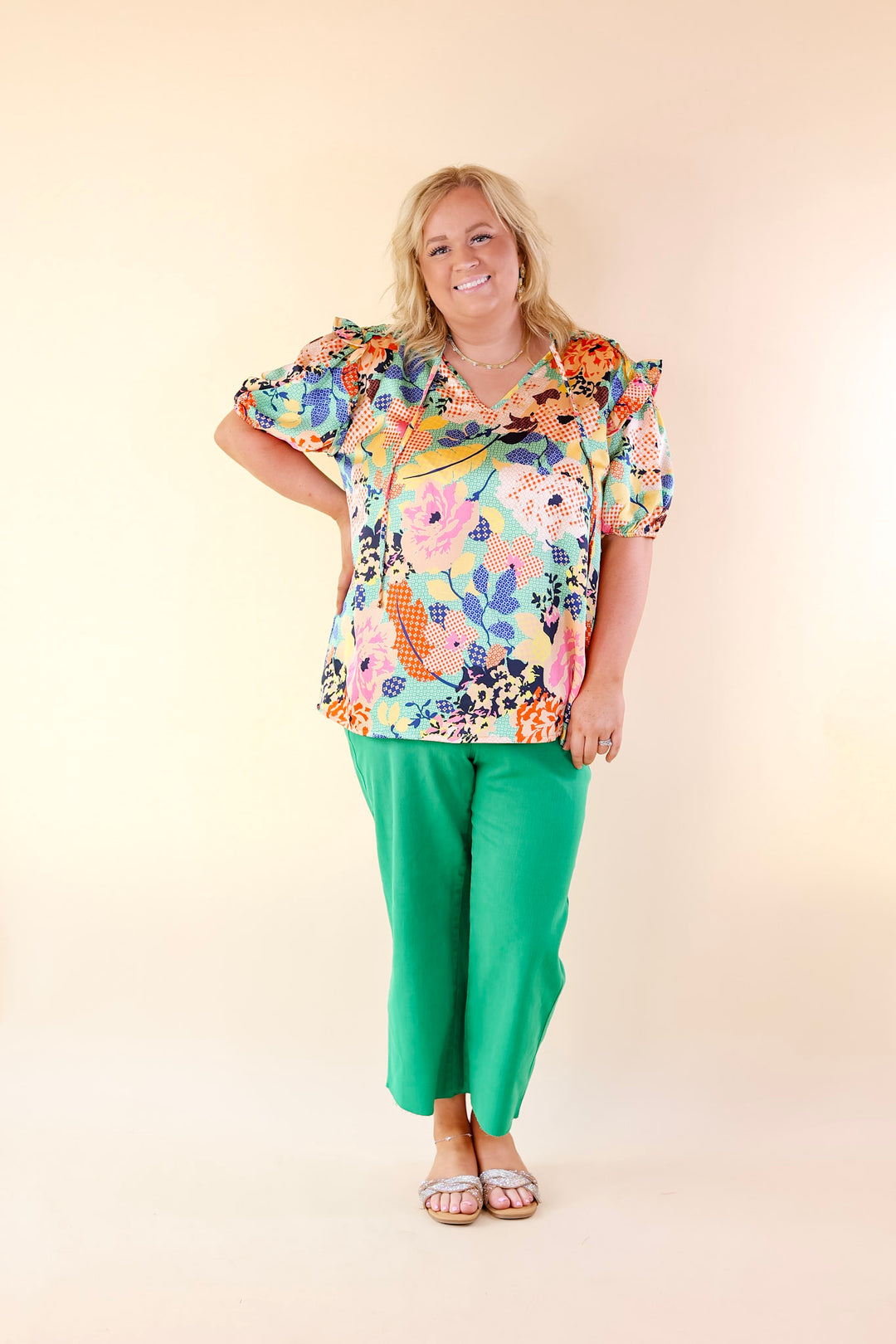 Malibu Villa Floral Print Top with Keyhole and Tie Neckline in Green Mix - Giddy Up Glamour Boutique