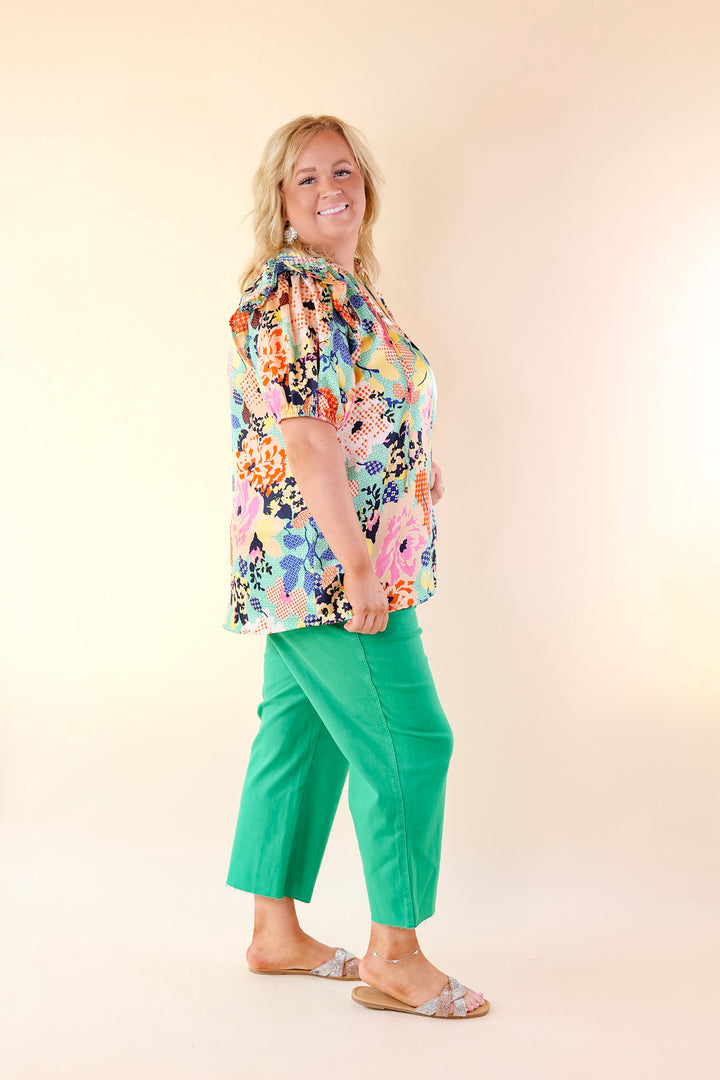 Malibu Villa Floral Print Top with Keyhole and Tie Neckline in Green Mix - Giddy Up Glamour Boutique