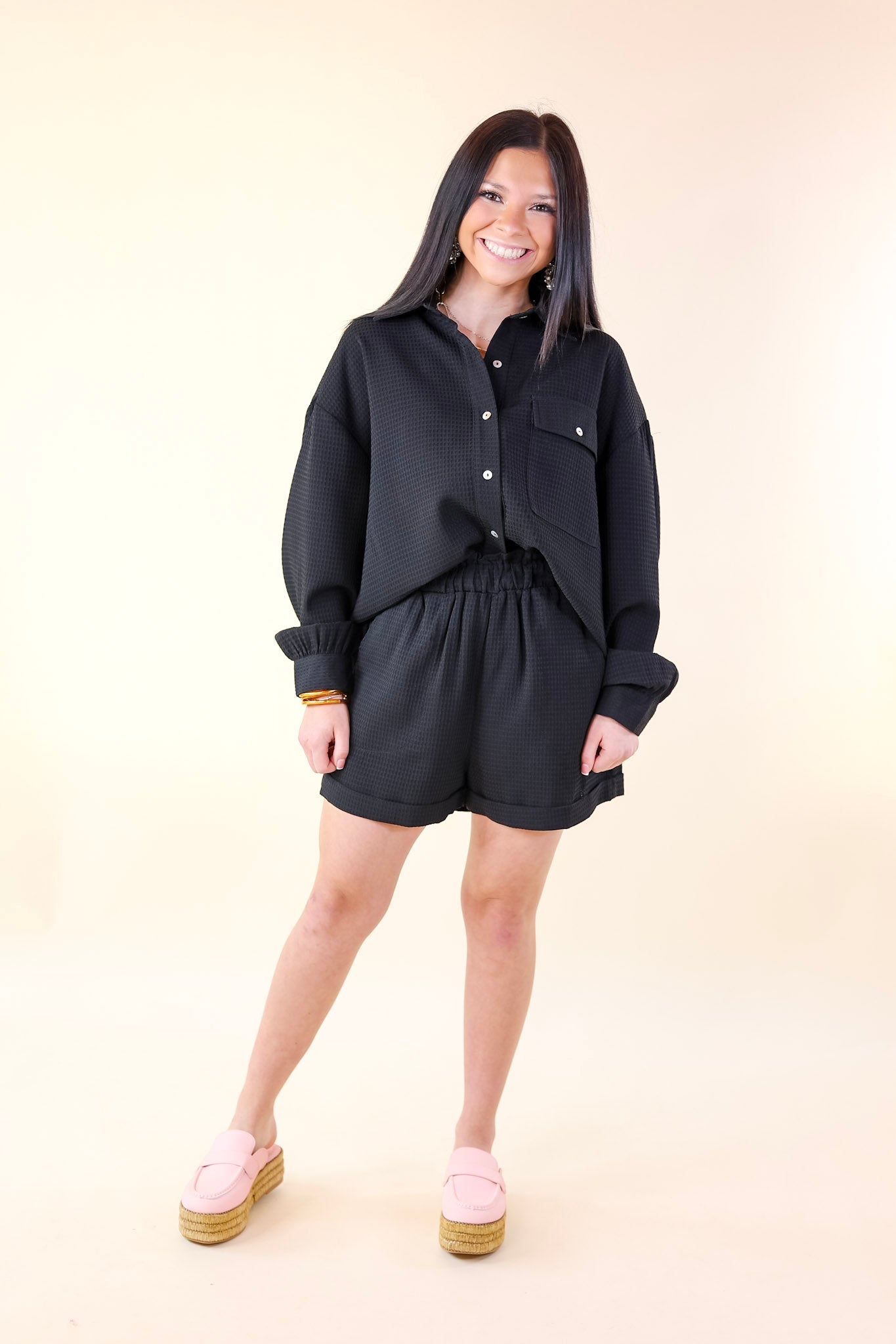 Escaping Ordinary Waffle Weave Shorts with Cuffed Hem in Black - Giddy Up Glamour Boutique