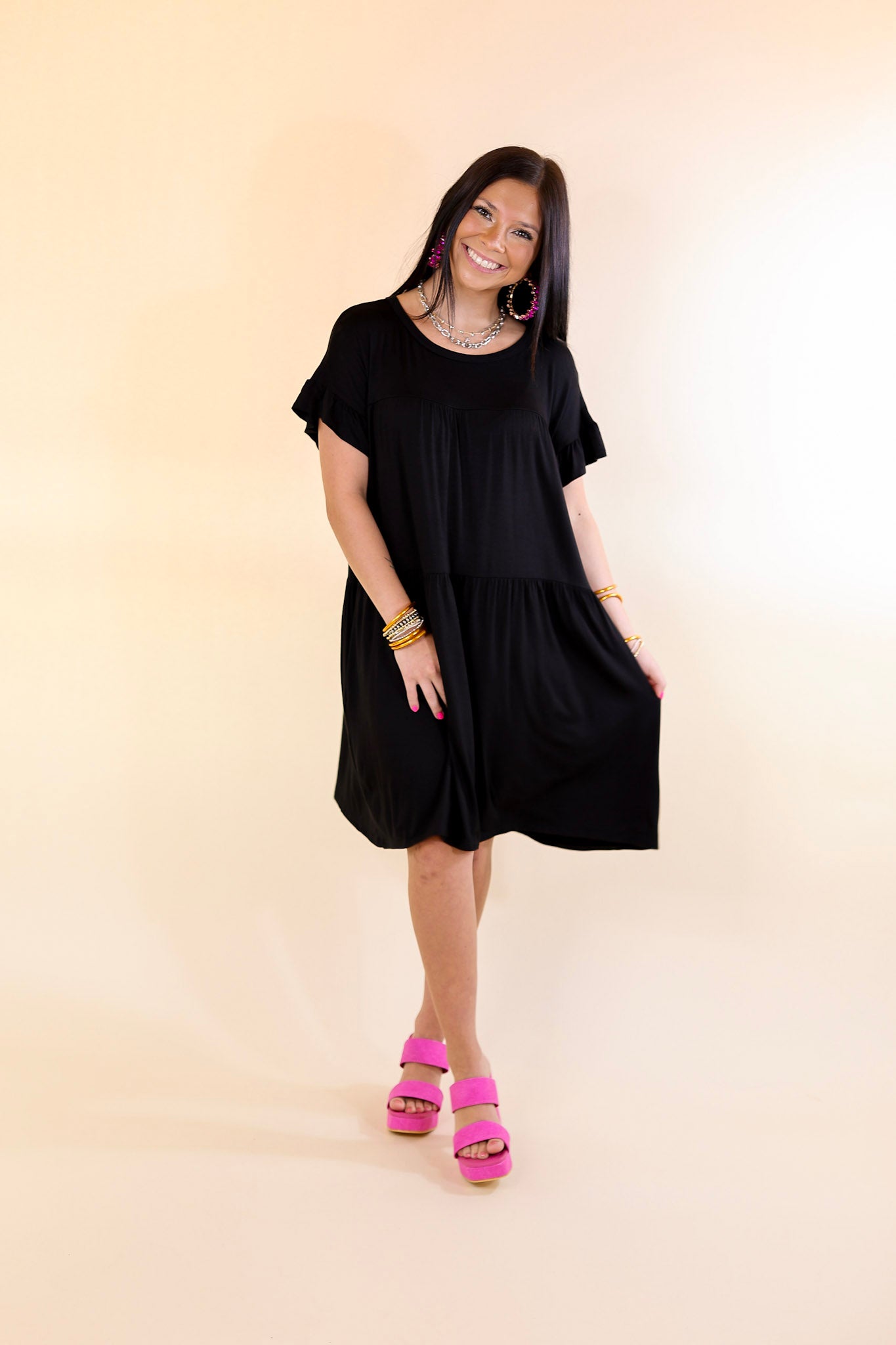 Gorgeous Girly Ruffle Sleeve Tiered Dress in Black