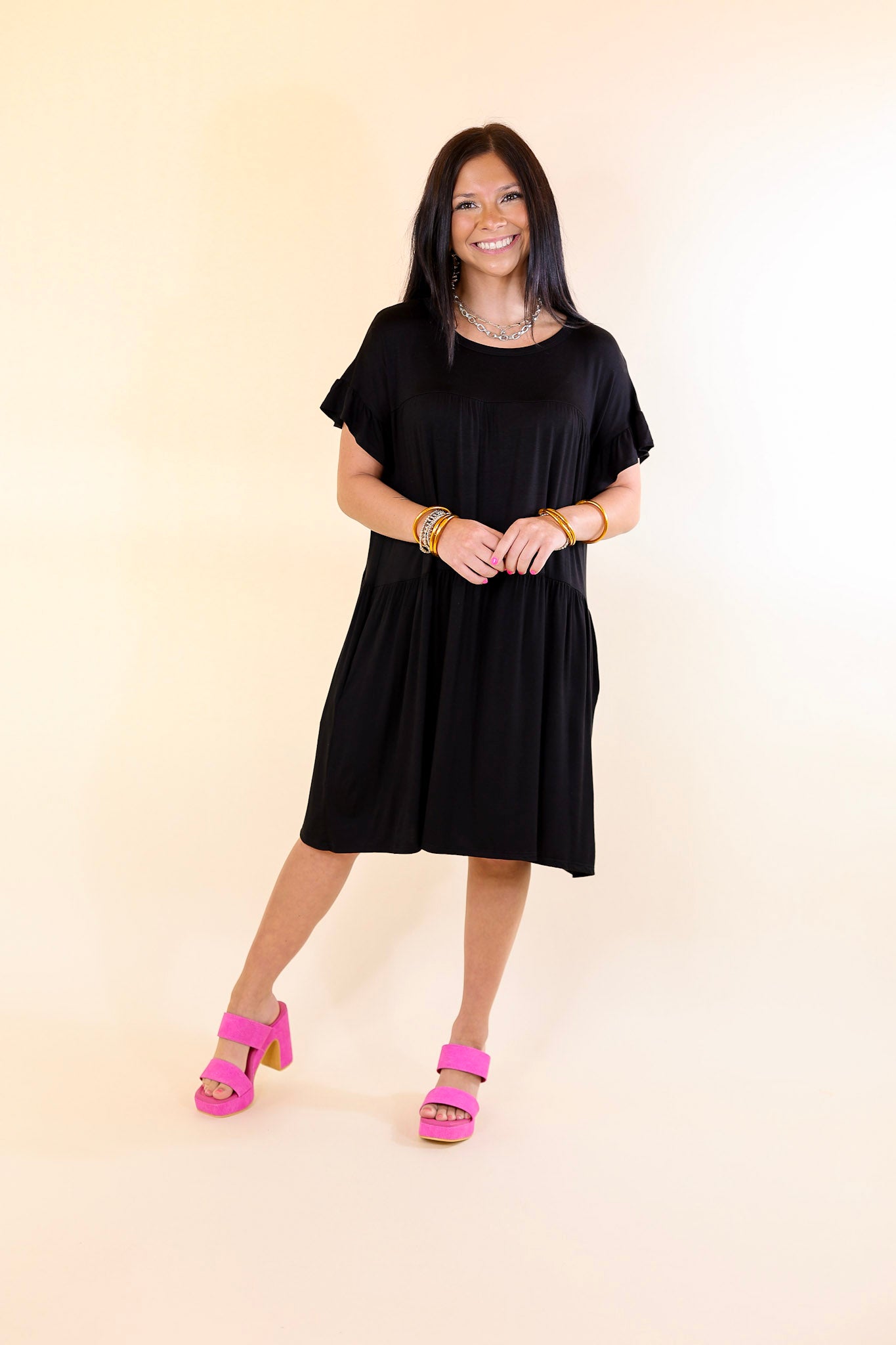 Gorgeous Girly Ruffle Sleeve Tiered Dress in Black