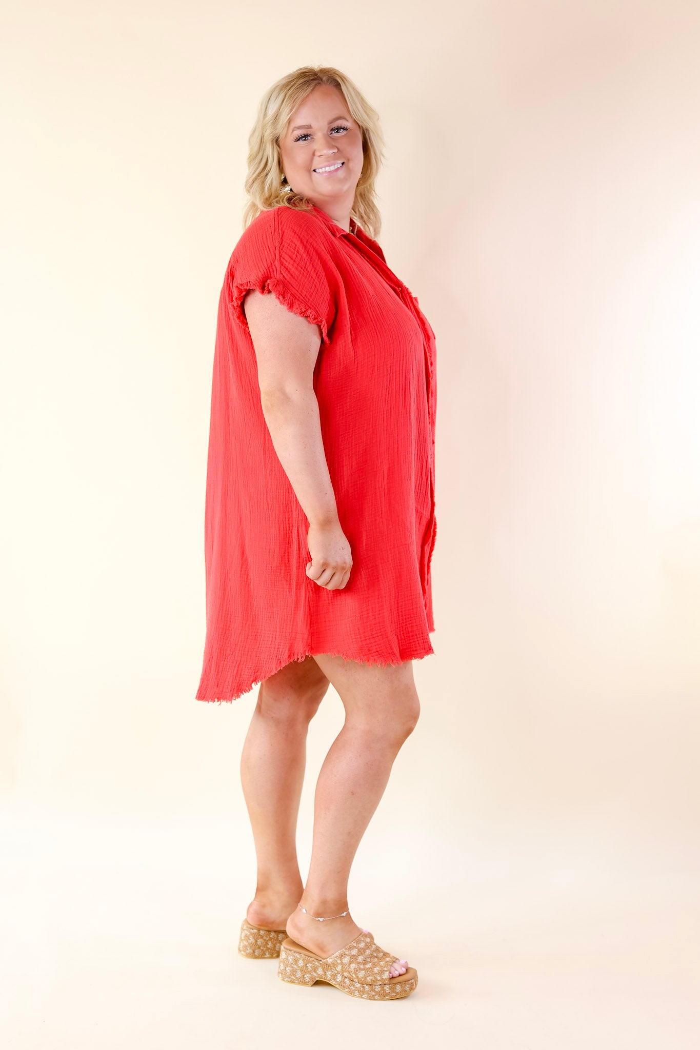 Spring Glow Button Up Raw Hem Dress in Red - Giddy Up Glamour Boutique