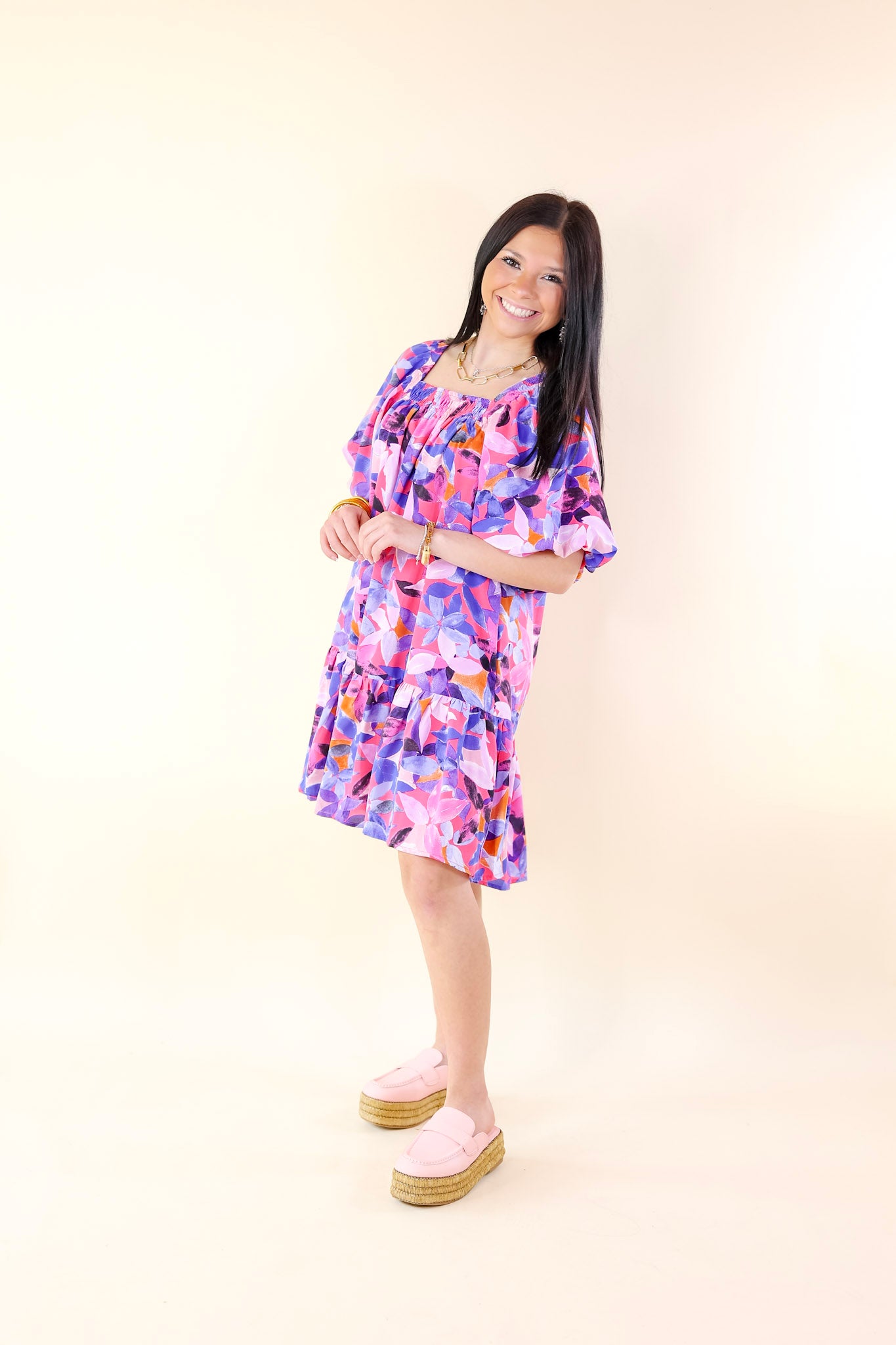 Blossoming Beauty Floral Print Dress in Magenta Pink - Giddy Up Glamour Boutique