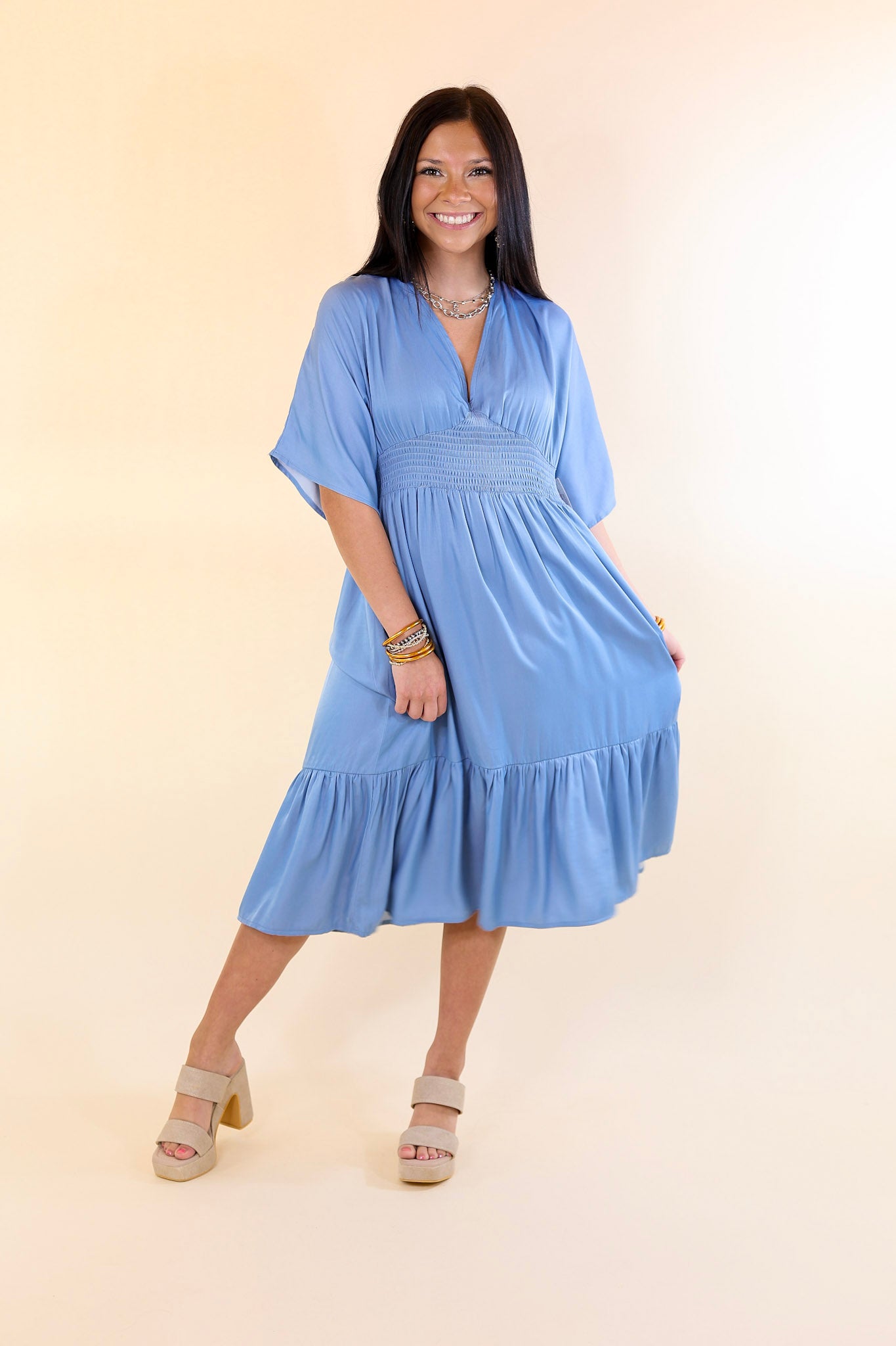 On Track V Neck Midi Dress in Dusty Blue