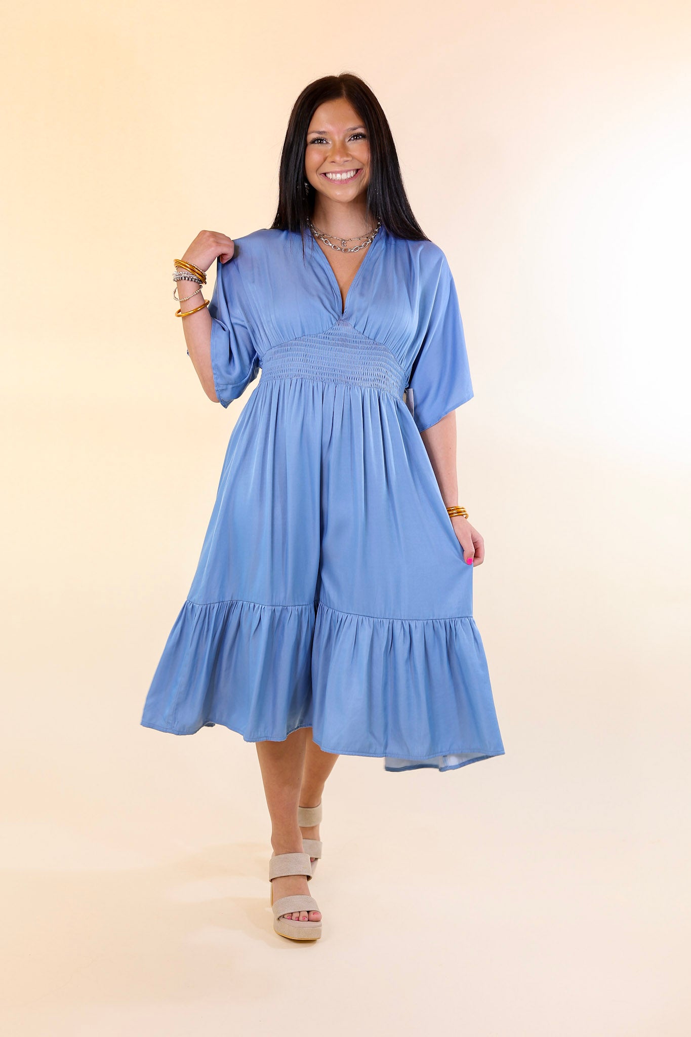 On Track V Neck Midi Dress in Dusty Blue