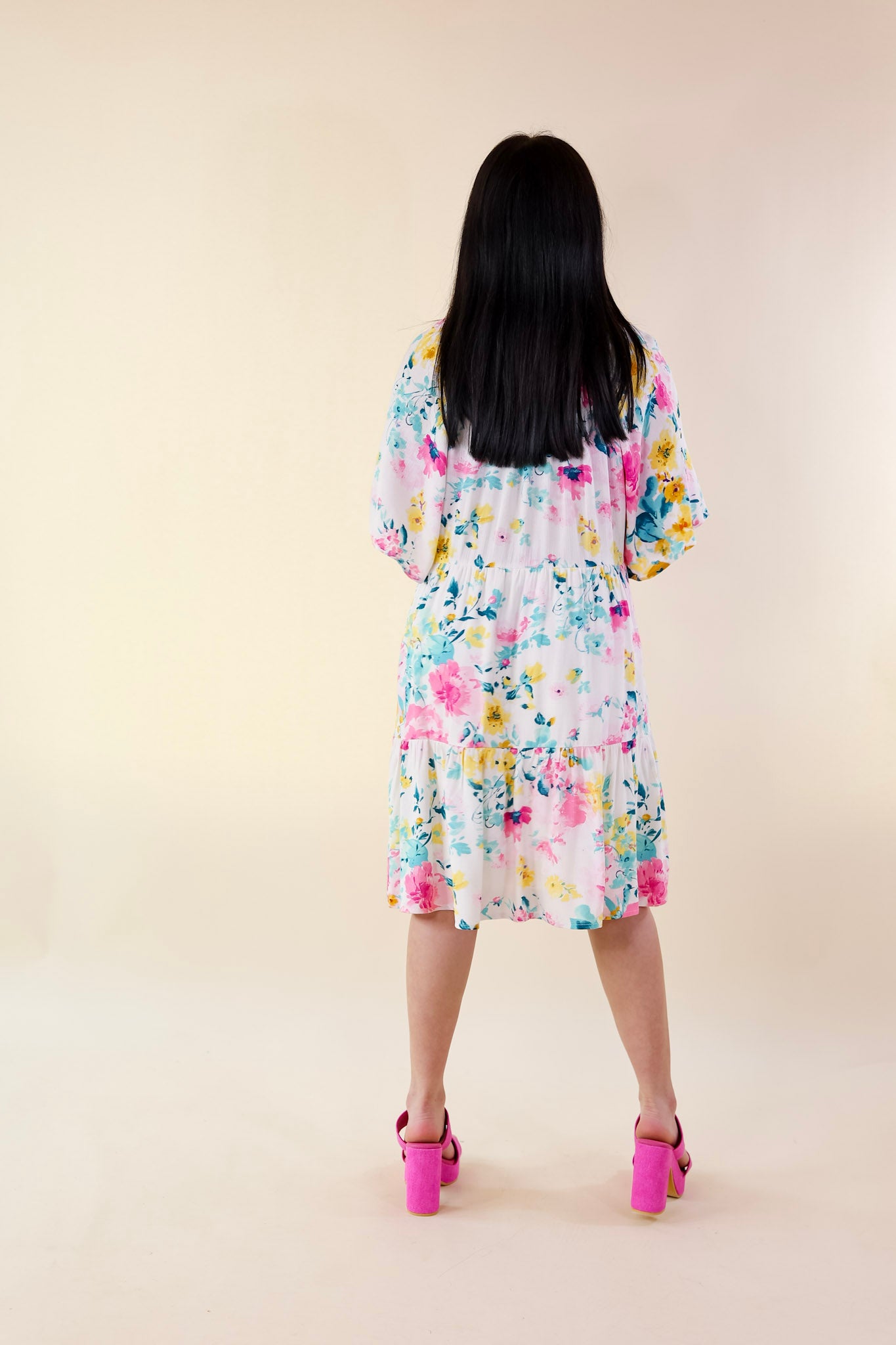 Piece Of Paradise Tiered Floral Dress with Keyhole in Ivory - Giddy Up Glamour Boutique