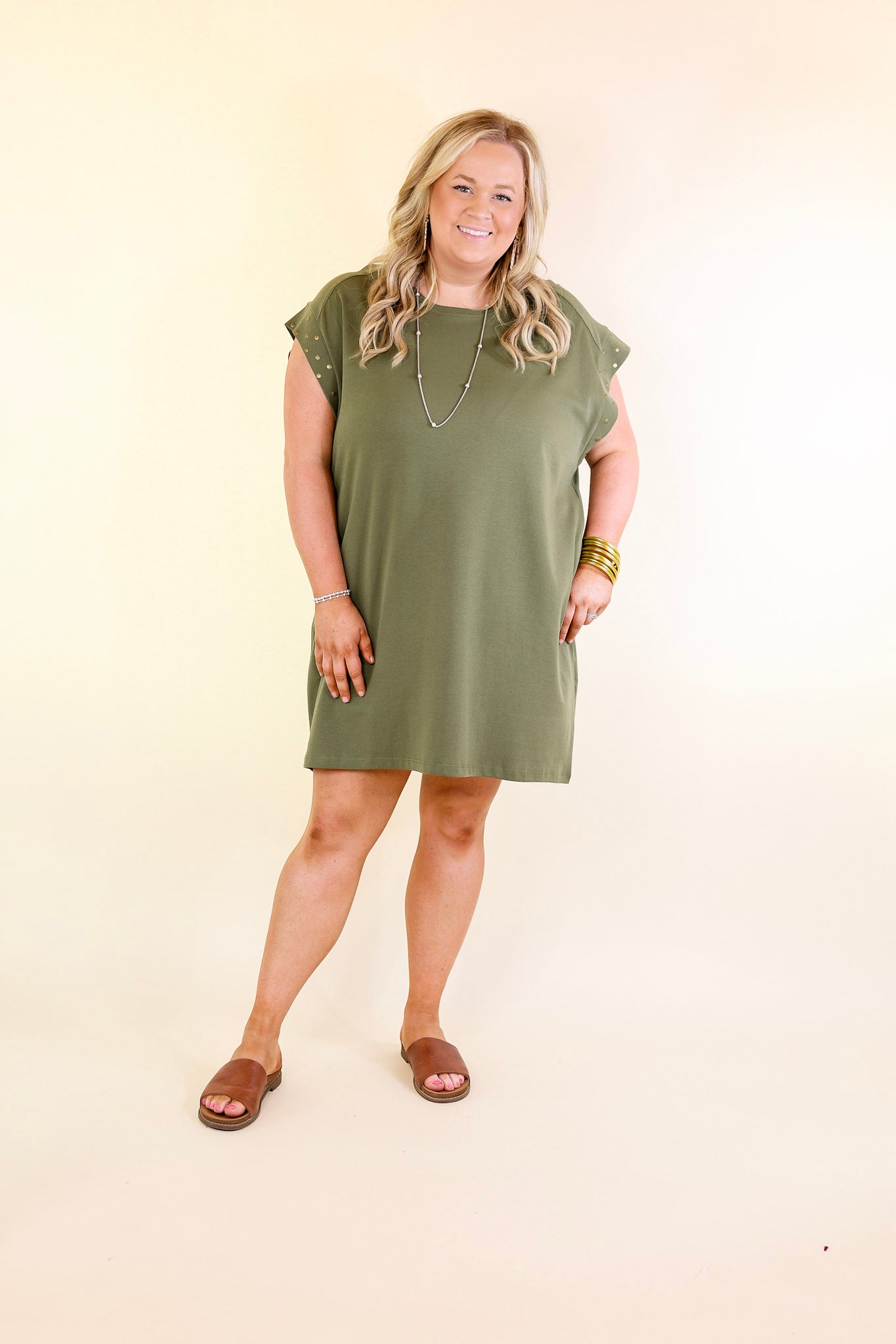 Graceful Glimpse Dress with Gold Stud Detail in Olive Green