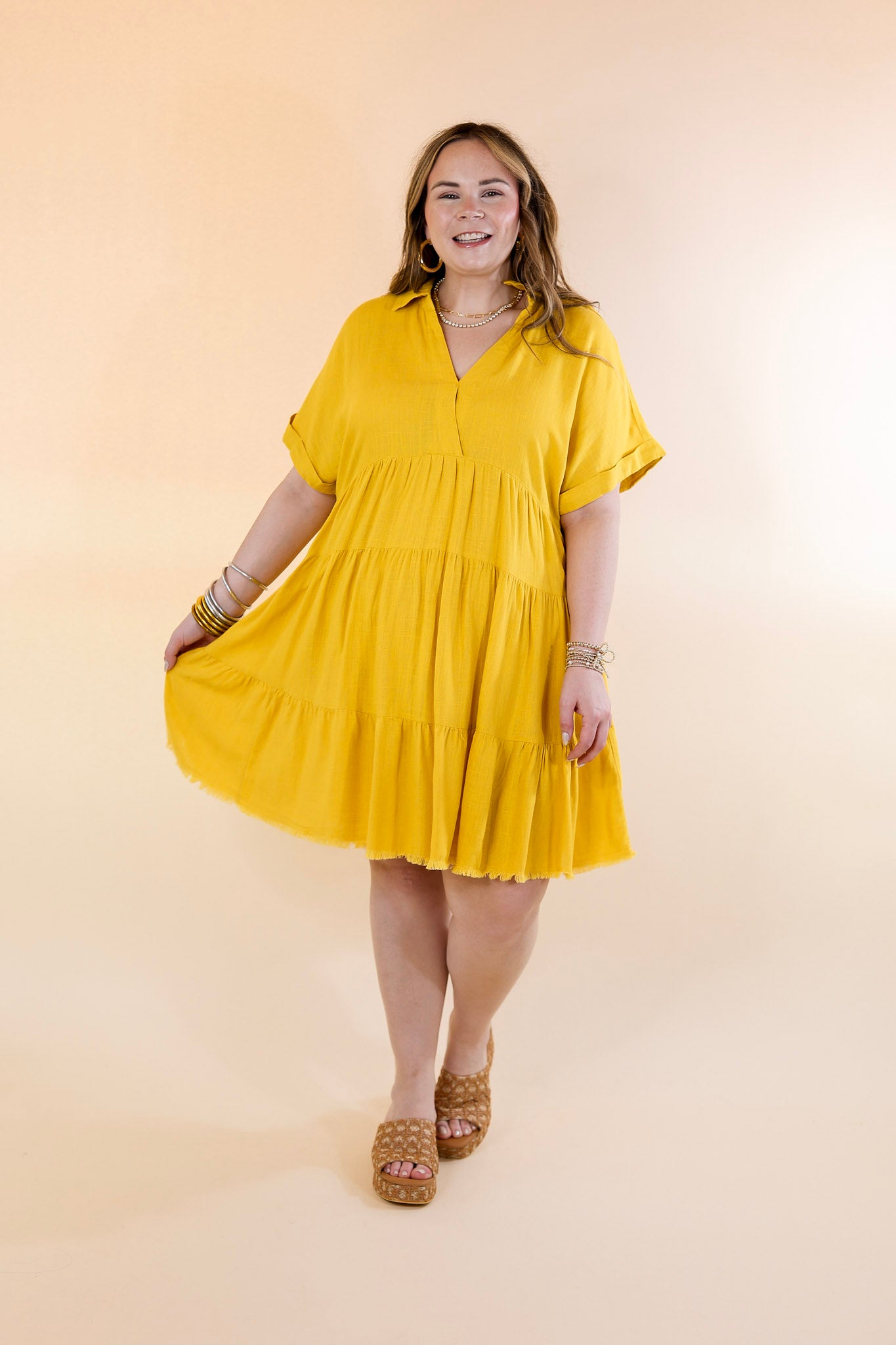 Taos Transitions Ruffle Tiered Collared Dress with Frayed Hem in Yellow