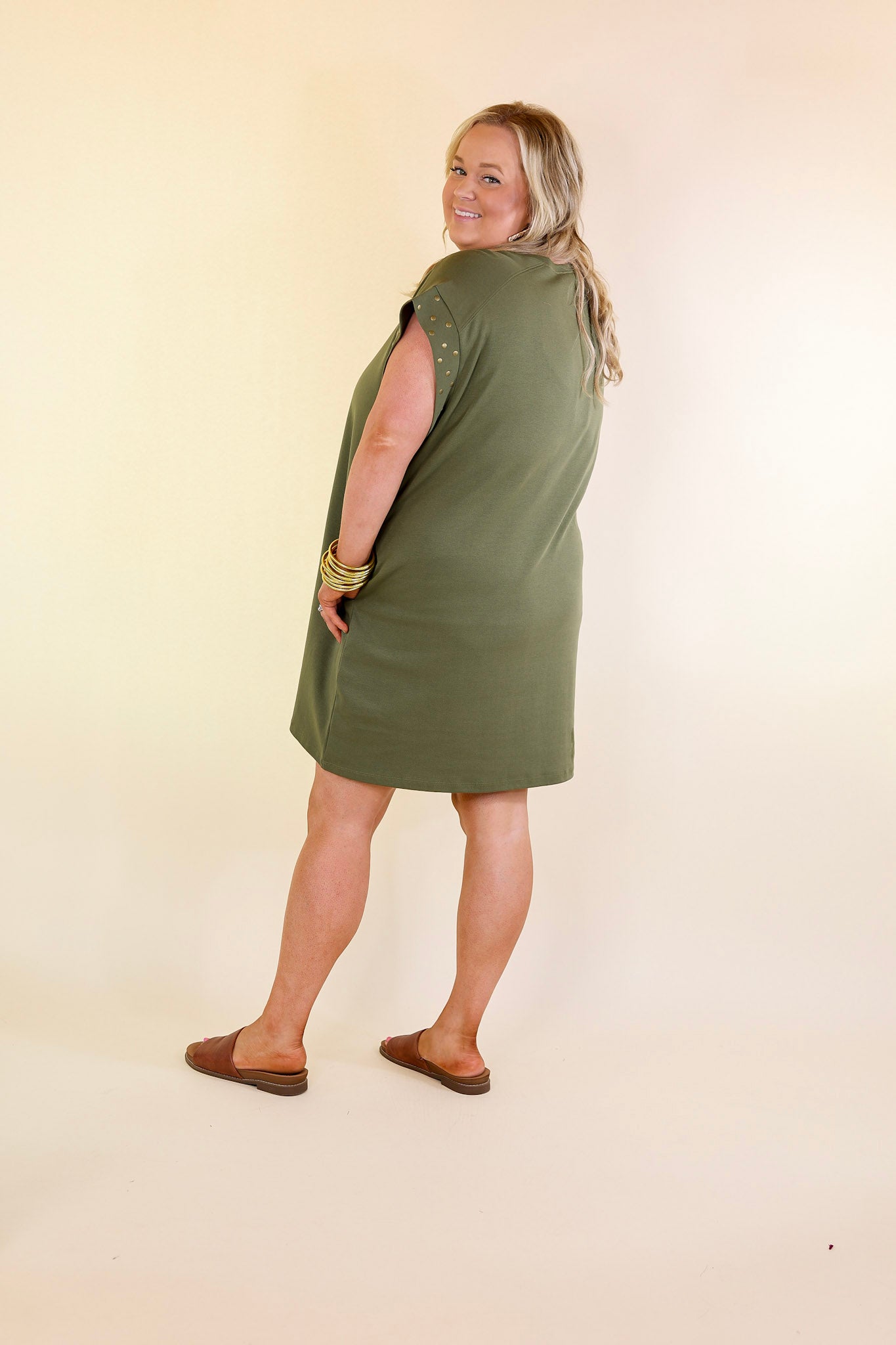 Graceful Glimpse Dress with Gold Stud Detail in Olive Green