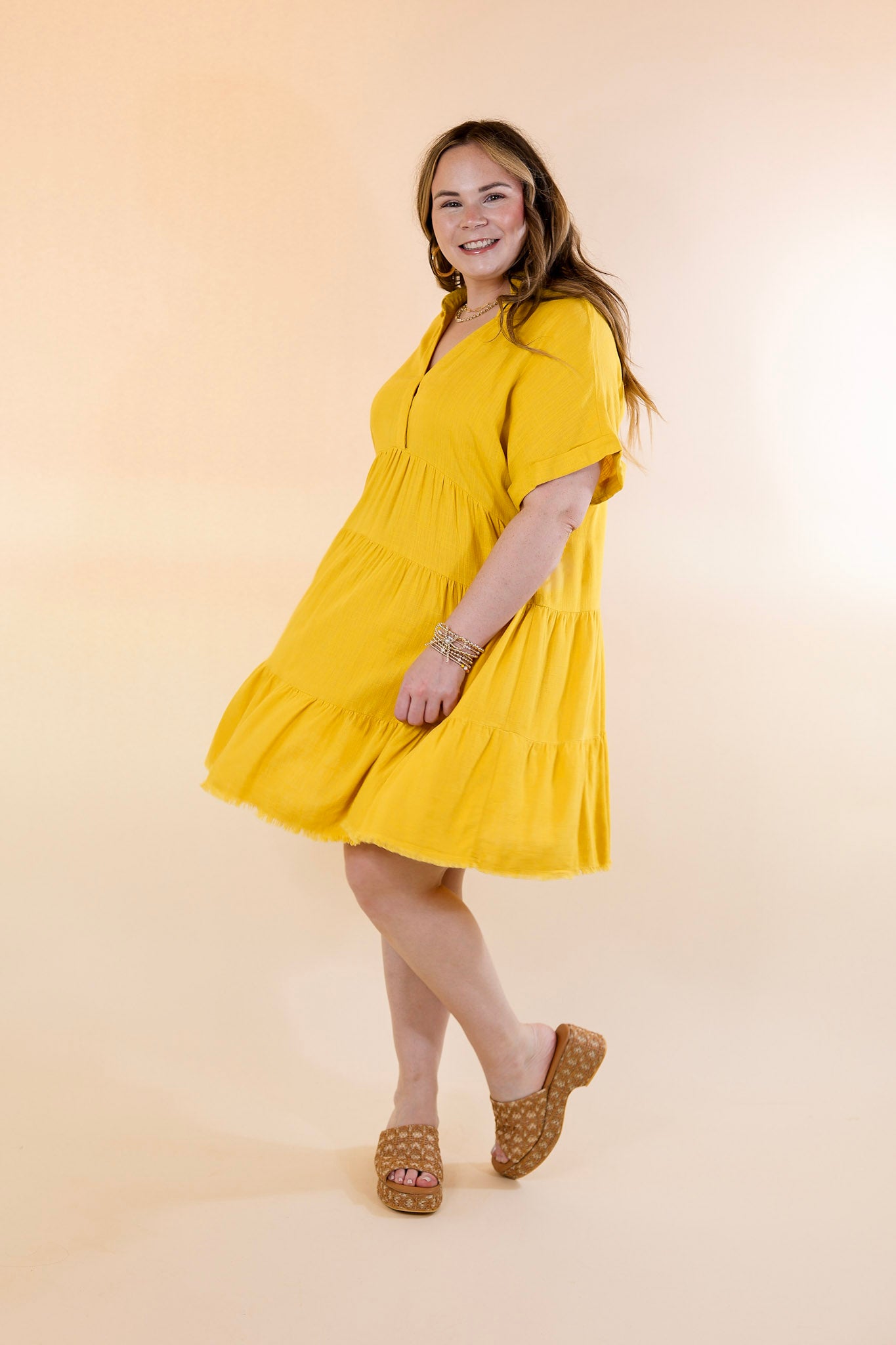 Taos Transitions Ruffle Tiered Collared Dress with Frayed Hem in Yellow