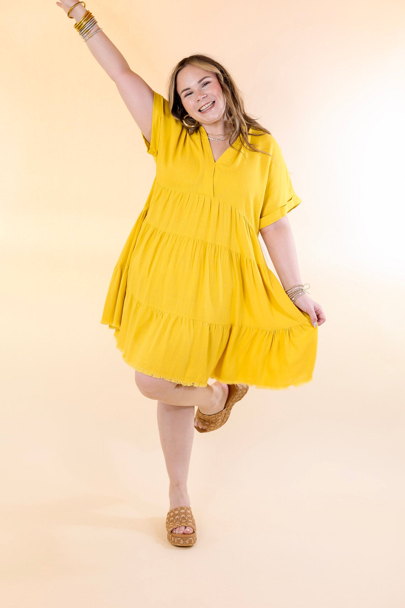 Taos Transitions Ruffle Tiered Collared Dress with Frayed Hem in Yellow