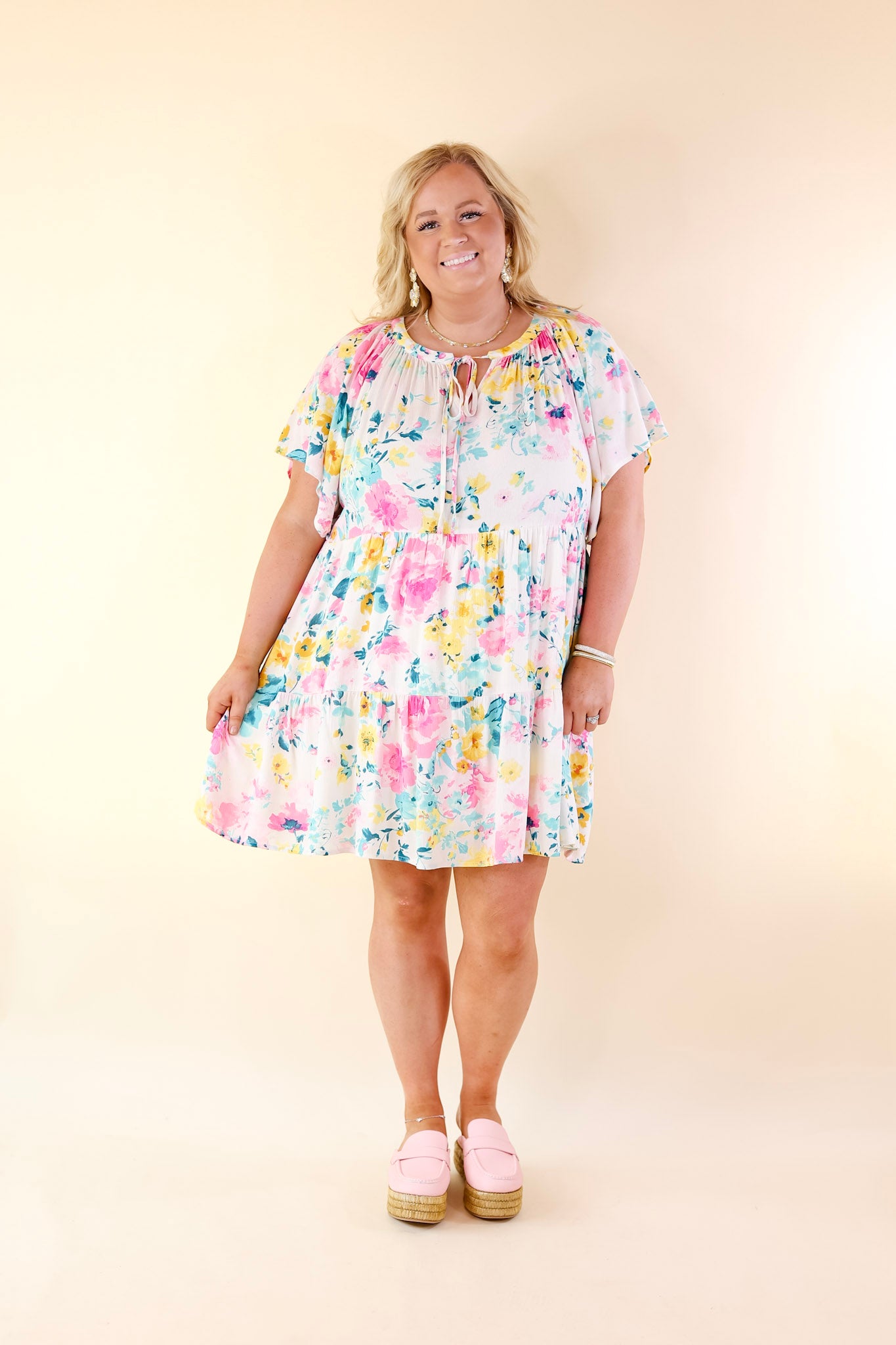 Piece Of Paradise Tiered Floral Dress with Keyhole in Ivory - Giddy Up Glamour Boutique