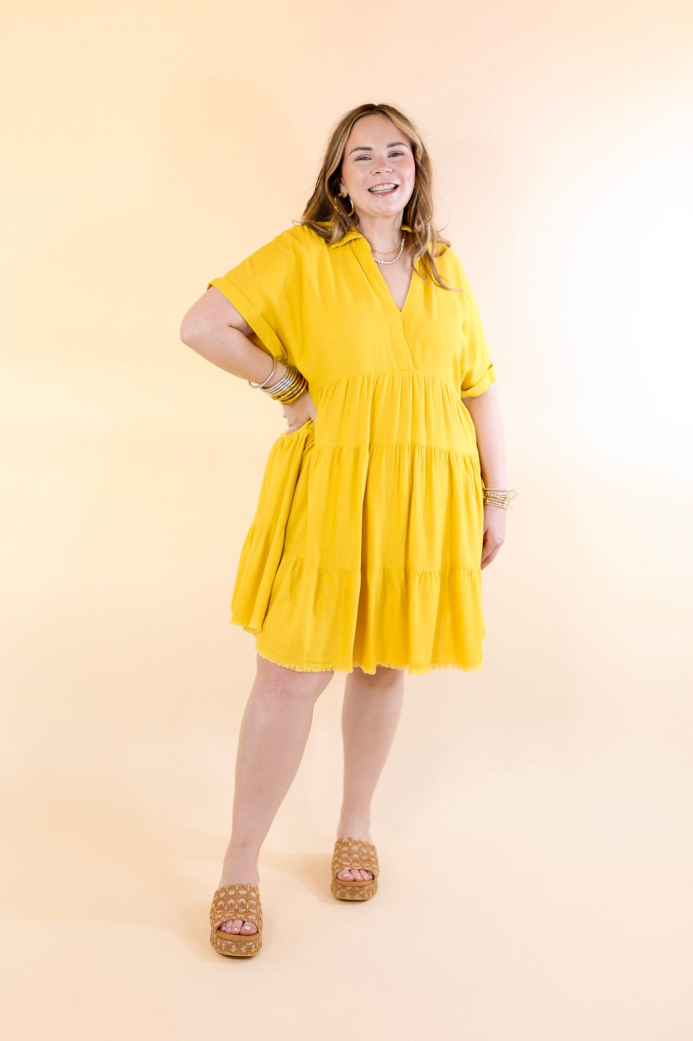 Taos Transitions Ruffle Tiered Collared Dress with Frayed Hem in Yellow