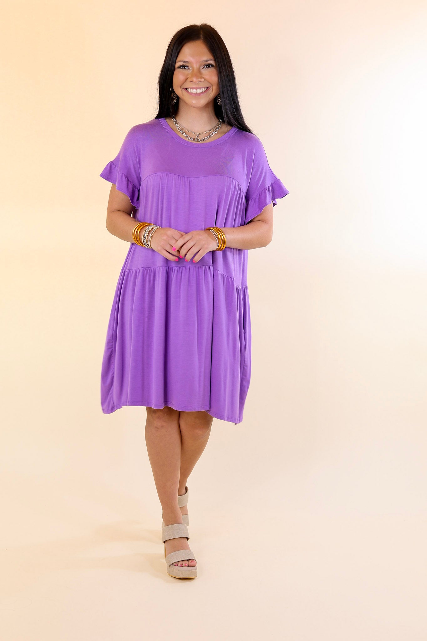 Gorgeous Girly Ruffle Sleeve Tiered Dress in Purple