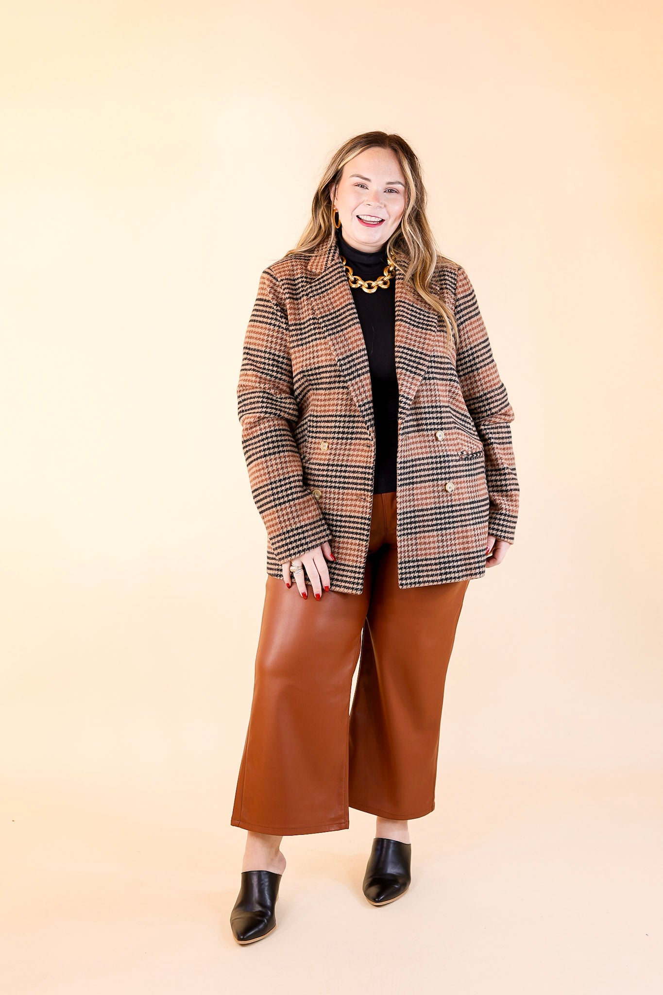 Magical Feeling Houndstooth Blazer with Long Sleeves in Rust Mix