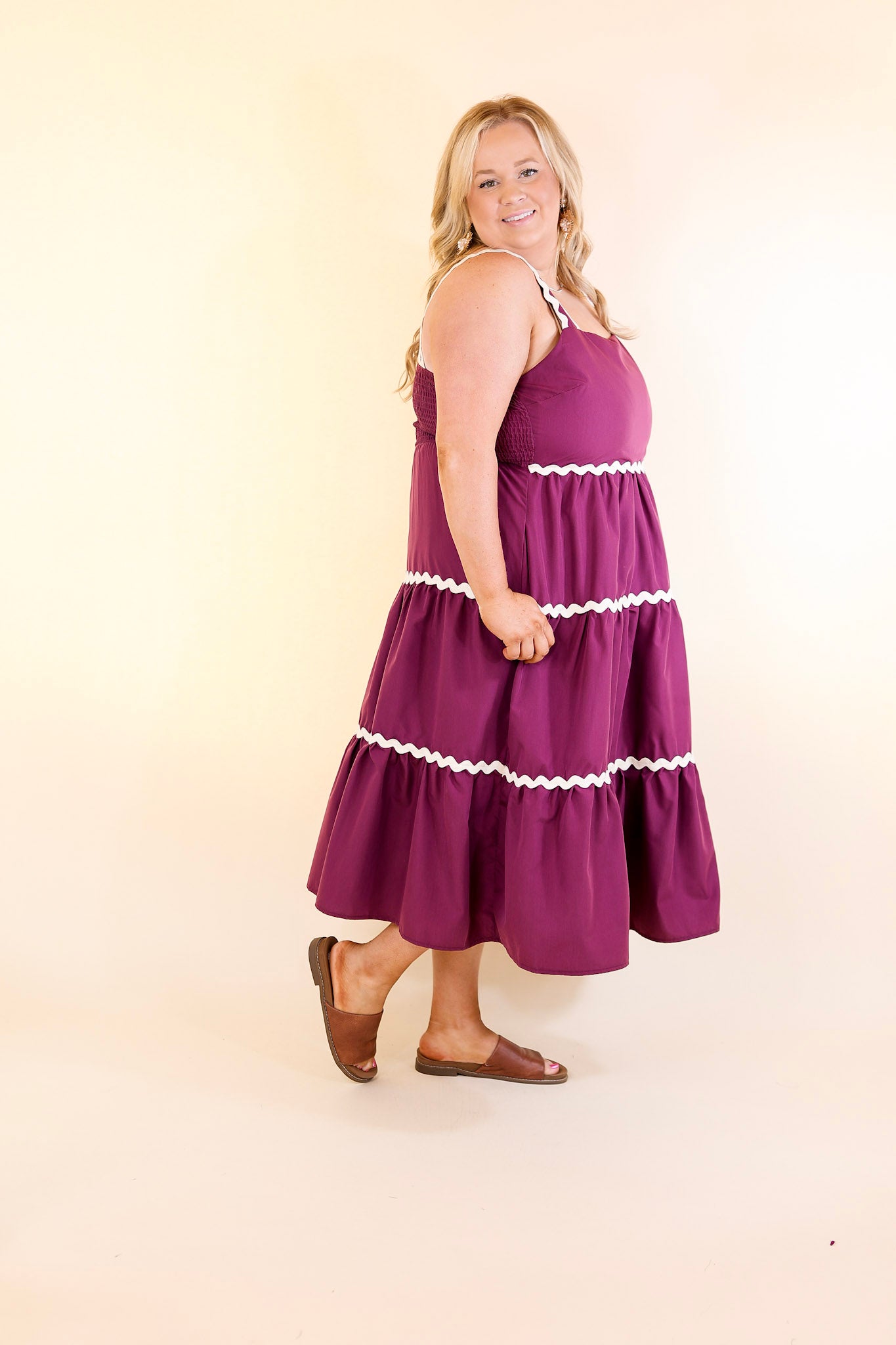 Timeless Twirl Midi Dress with Rickrack Detailing in Plum Maroon