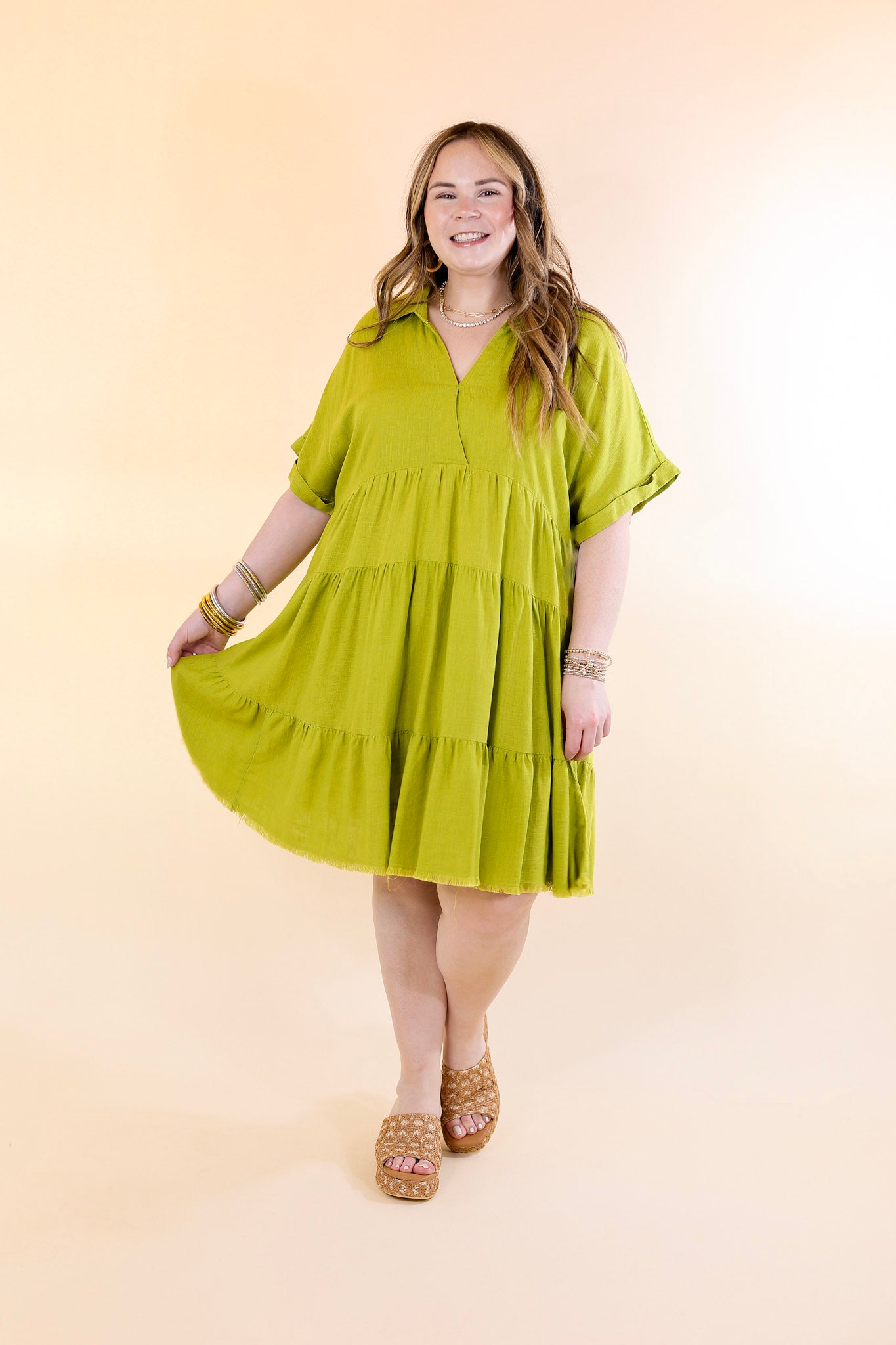 Taos Transitions Ruffle Tiered Collared Dress with Frayed Hem in Avocado Green