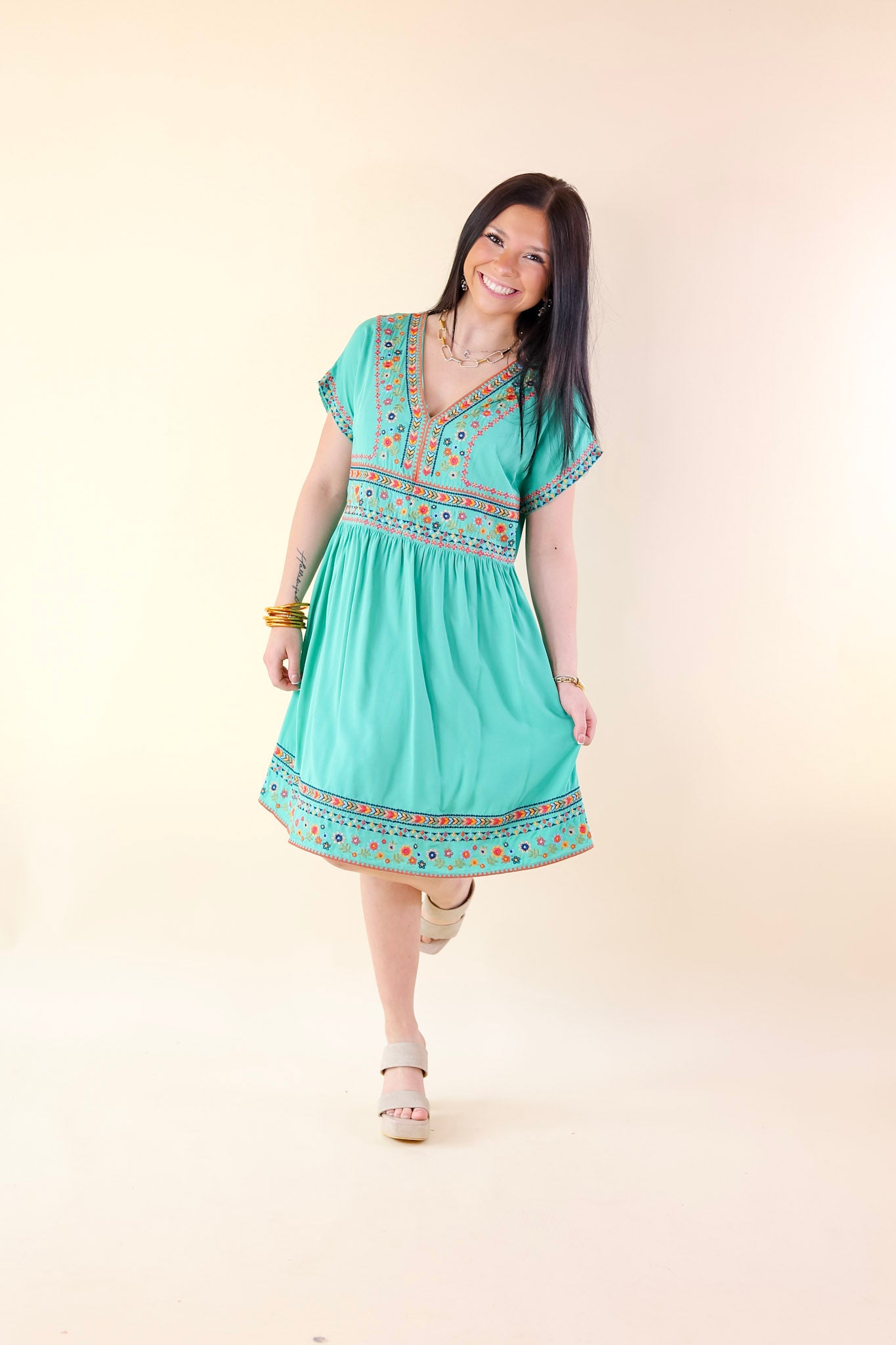 Passing Through V Neck Embroidered Dress with Short Sleeves in Mint Green - Giddy Up Glamour Boutique