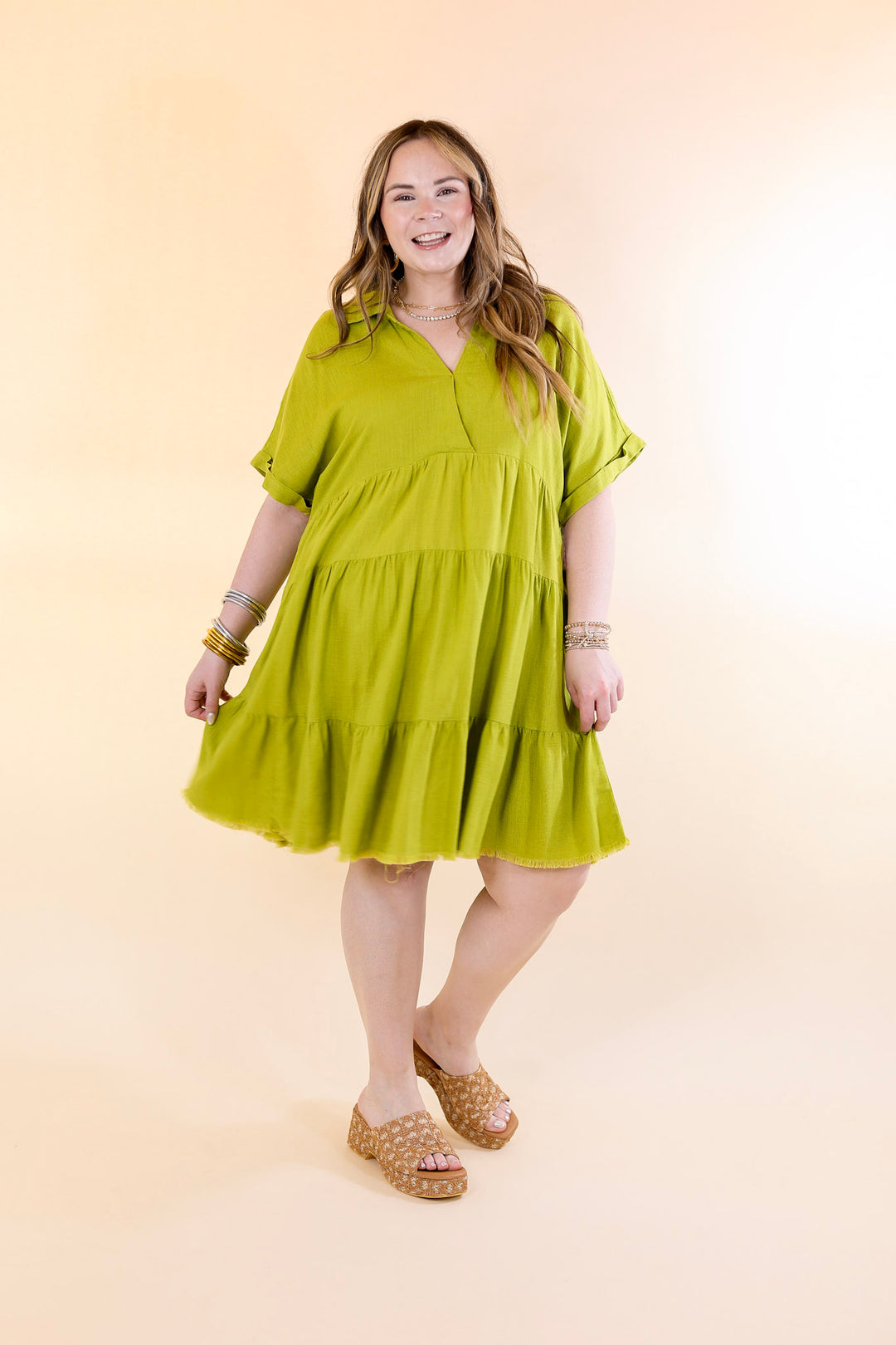 Taos Transitions Ruffle Tiered Collared Dress with Frayed Hem in Avocado Green