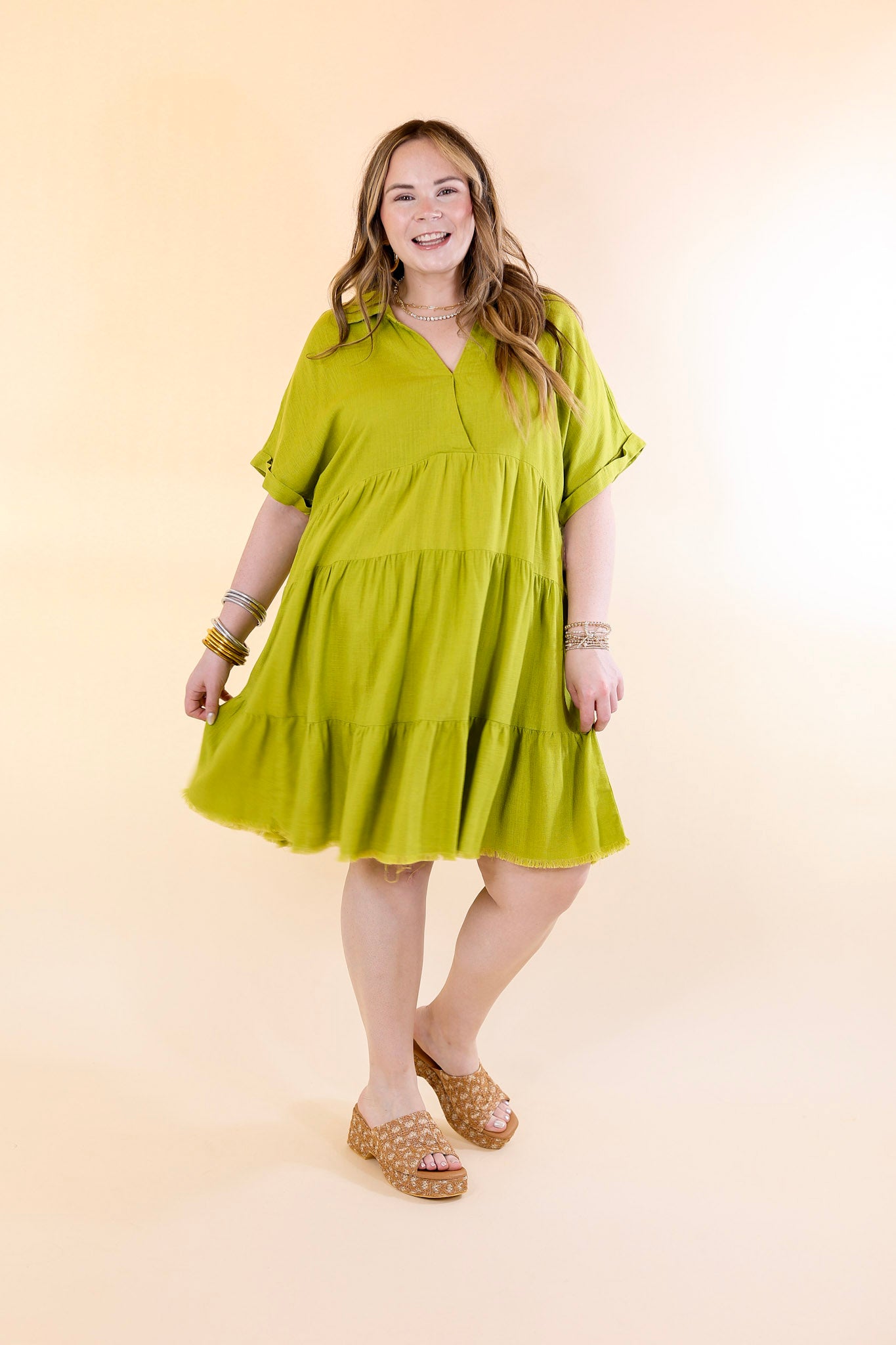 Taos Transitions Ruffle Tiered Collared Dress with Frayed Hem in Avocado Green