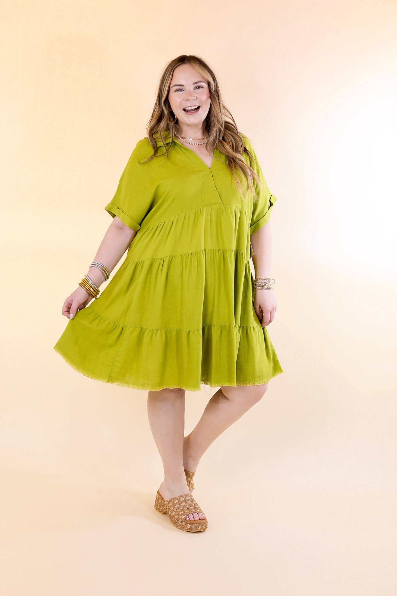 Taos Transitions Ruffle Tiered Collared Dress with Frayed Hem in Avocado Green