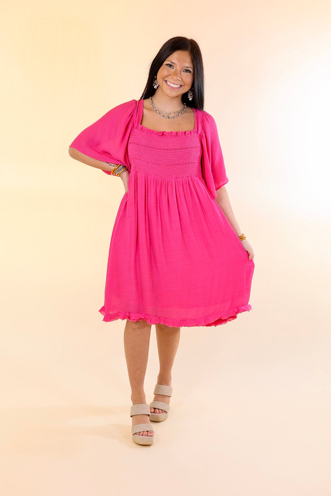 Dream And Dance Smocked Bodice Dress in Pink