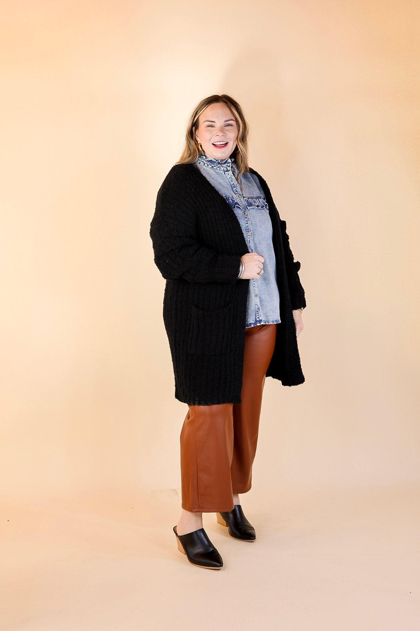 Cold Brew And Cuddles Long Sleeve Cardigan with Pockets in Black