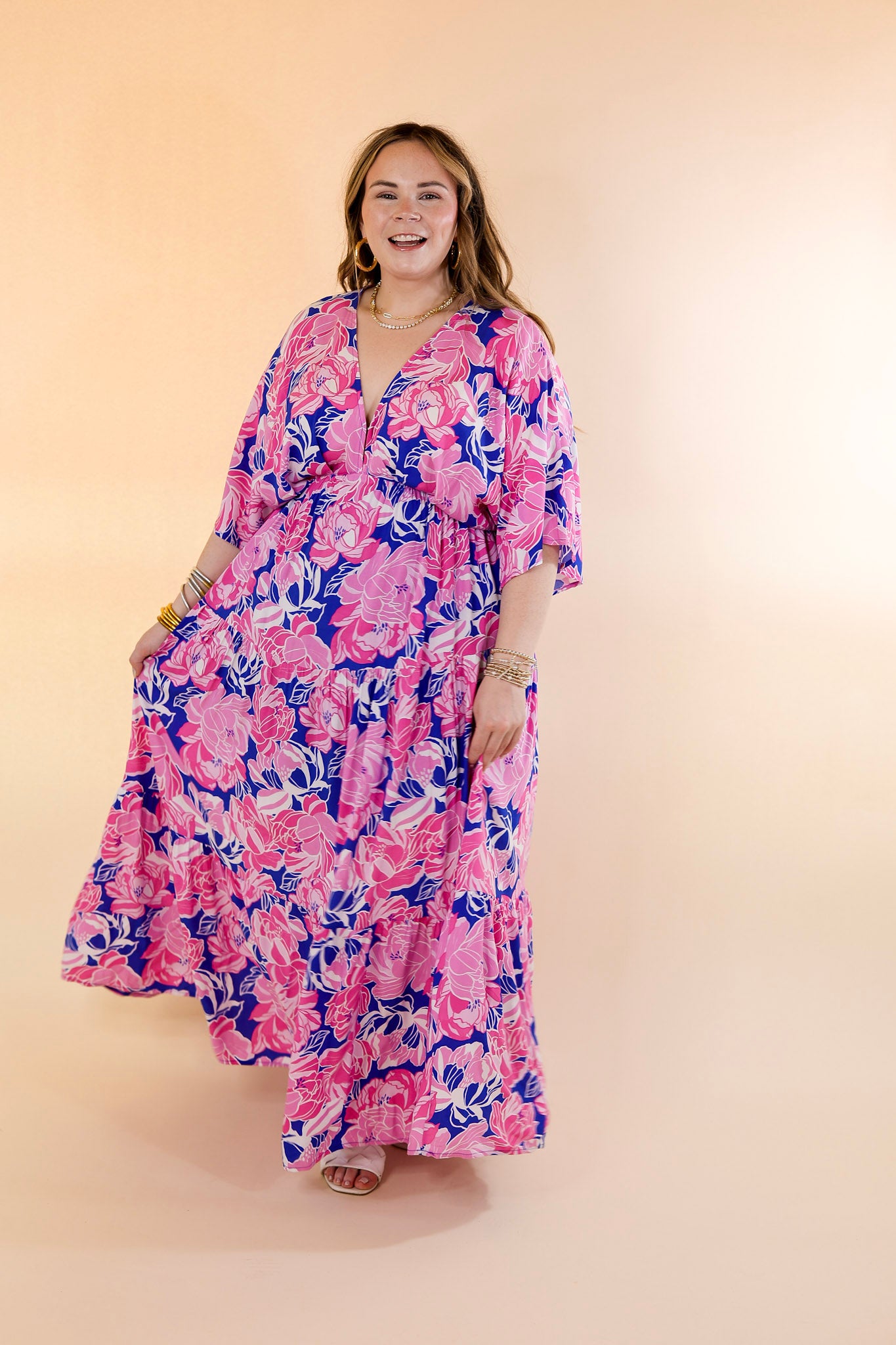 Waving Hello Floral Maxi Dress with V Neckline in Blue and Pink